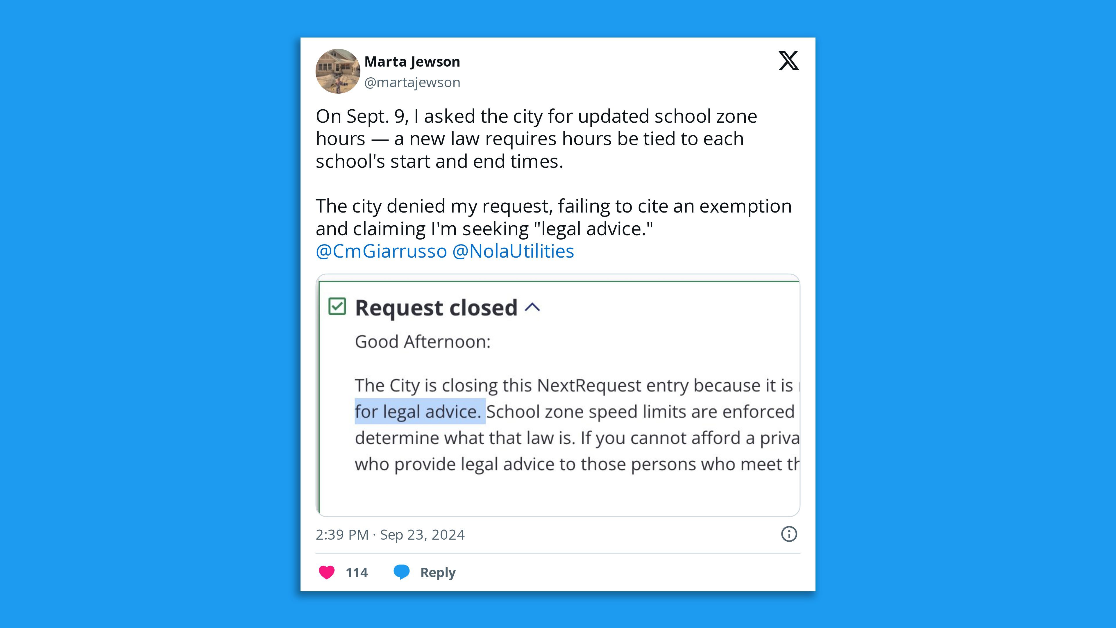Image shows a screenshot of tweet from Marta Jewson that says On Sept. 9, I asked the city for updated school zone hours — a new law requires hours be tied to each school's start and end times.  The city denied my request, failing to cite an exemption and claiming I'm seeking "legal advice." 