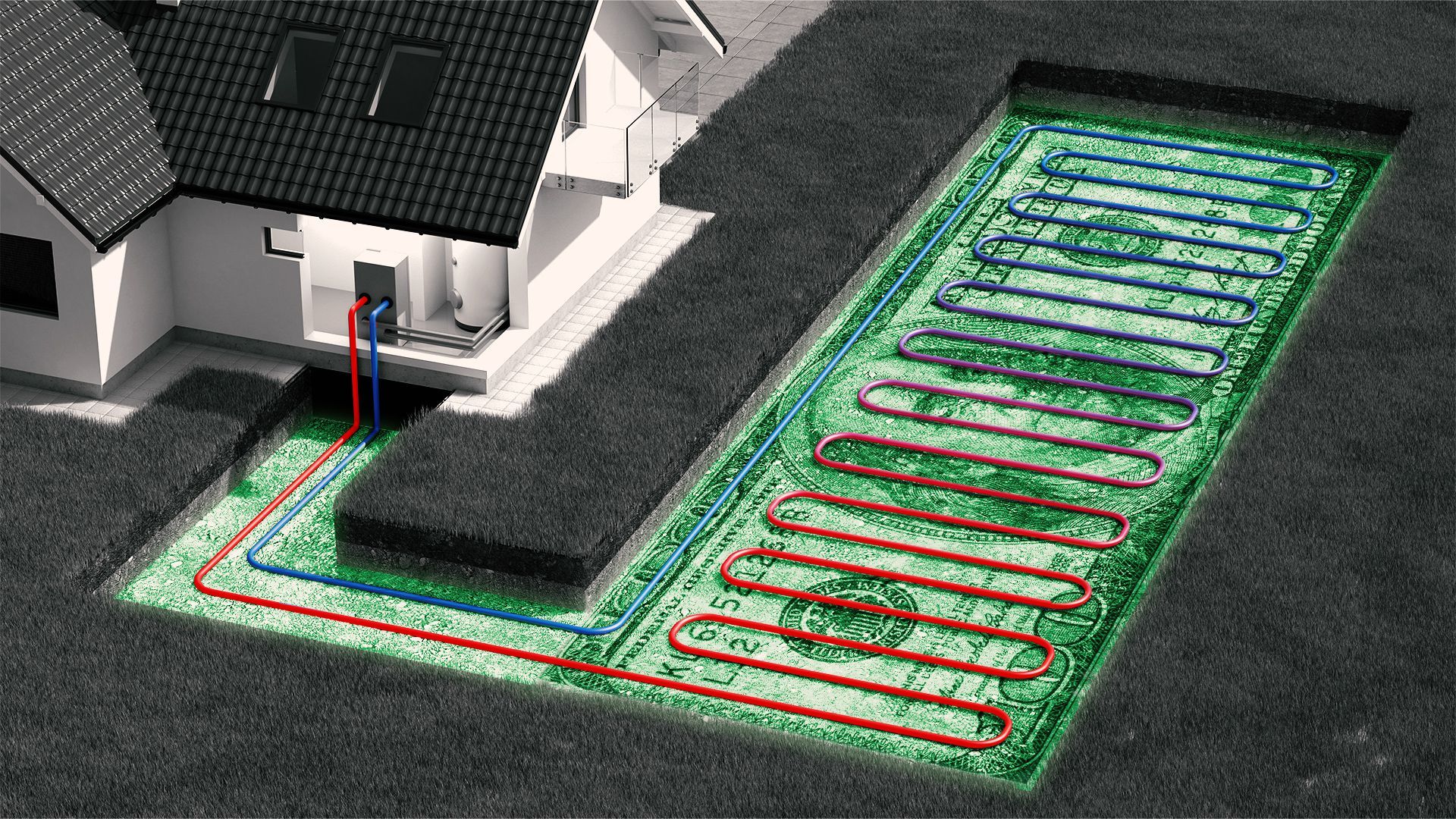 Illustration of a geothermal heat pump with a dollar overlay.