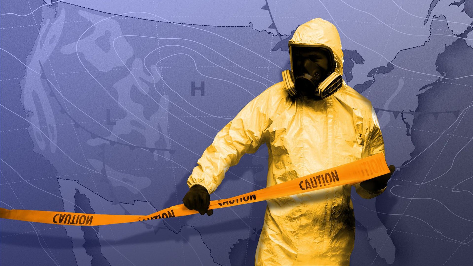 Illustration of a person in a hazmat suit stretching caution tape over a weather forecaster's map of the U.S.