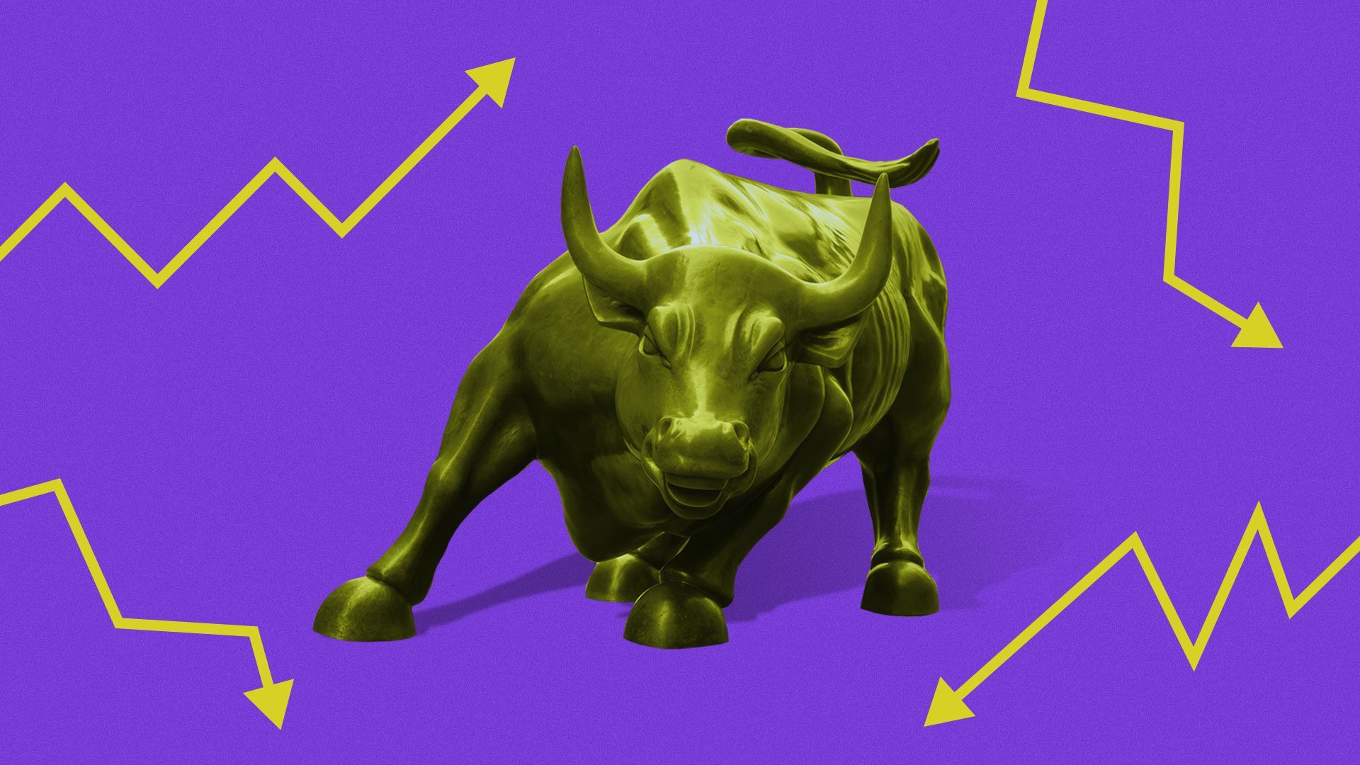 Illustration of Wall Street bull surrounded by various upward and downward trending line graphs