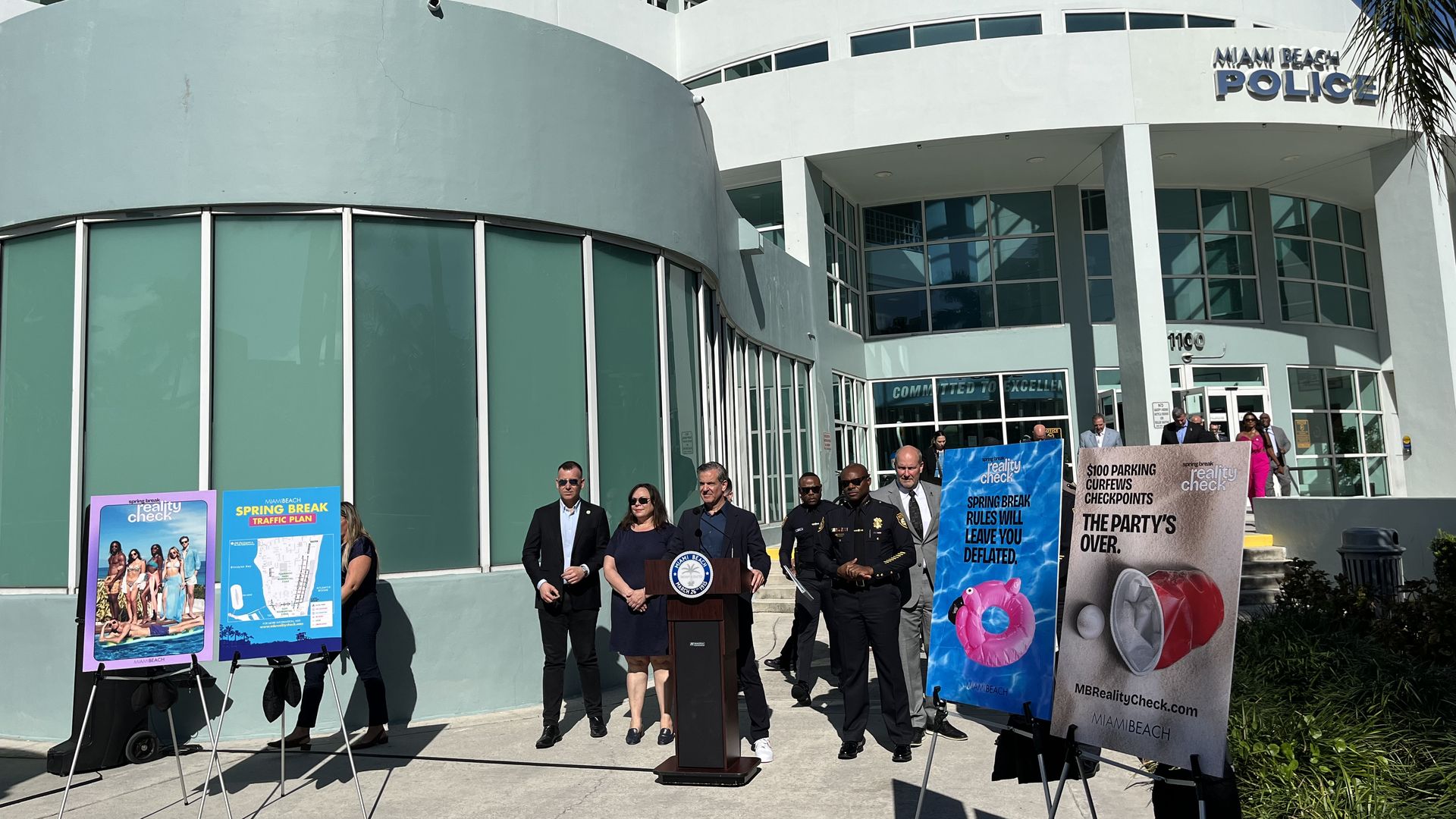 Miami Beach officials speak at a press conference outside Miami Beach Police Headquarters.