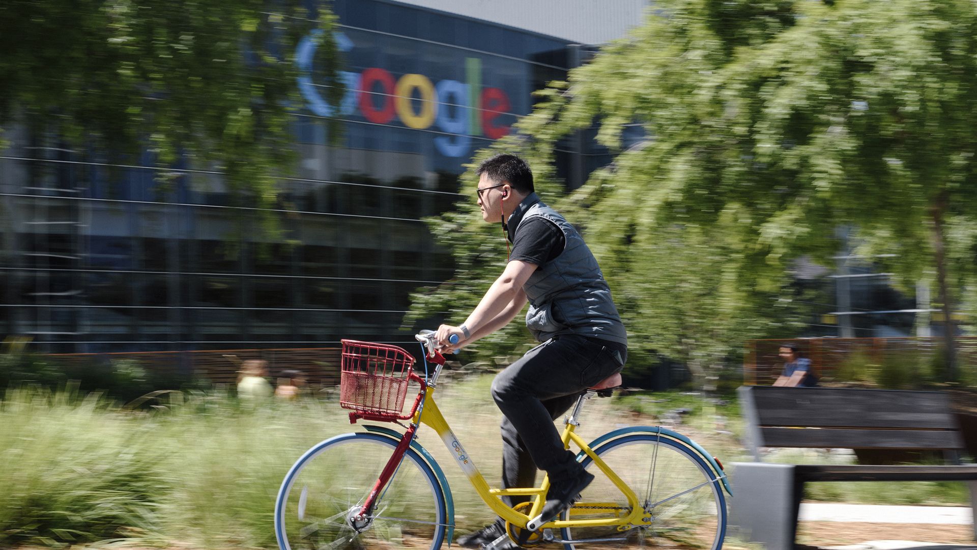 Bicyclist outside Google HQ.
