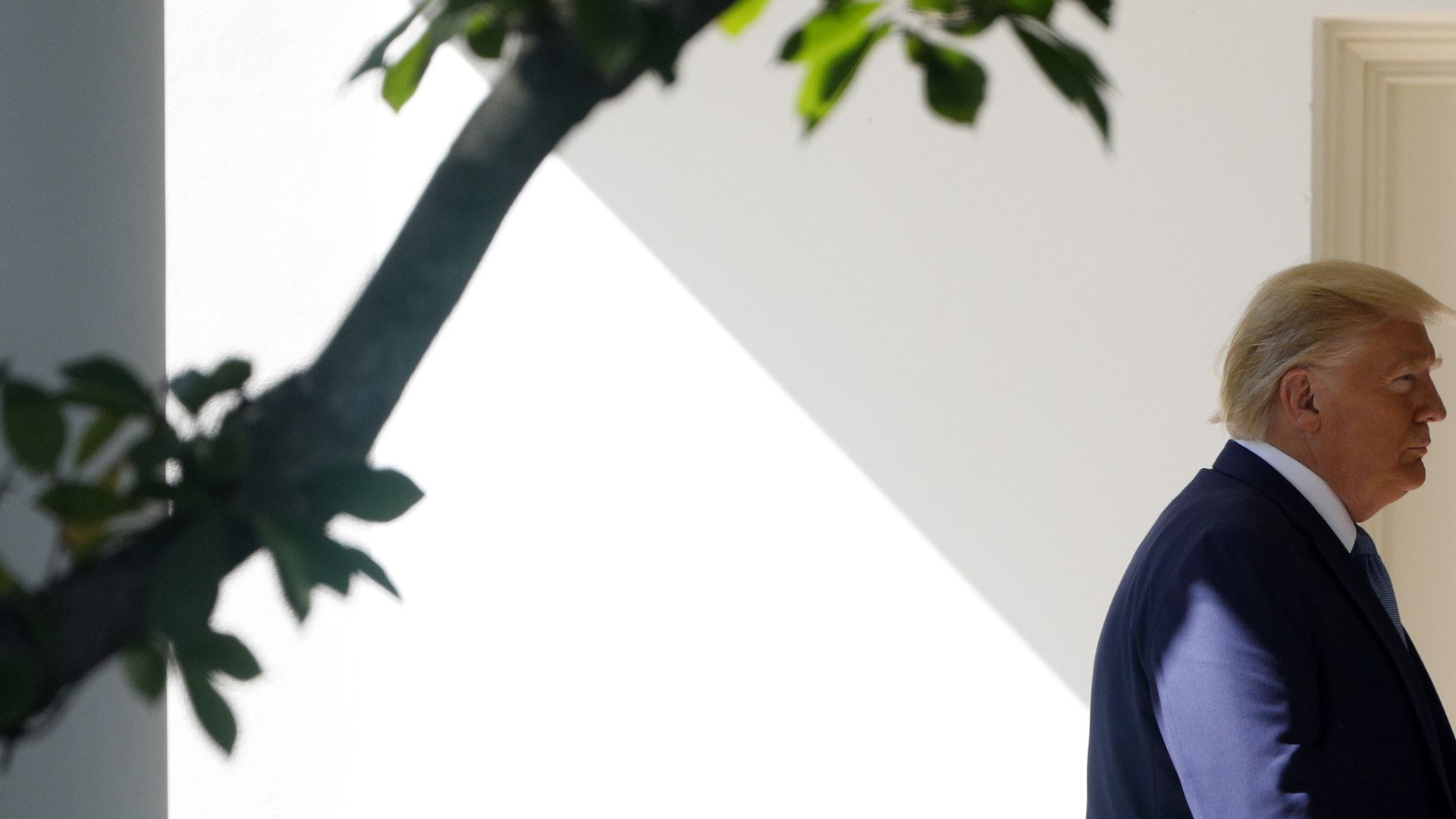 In this image, Trump's profile is visible as he stands outside the White House