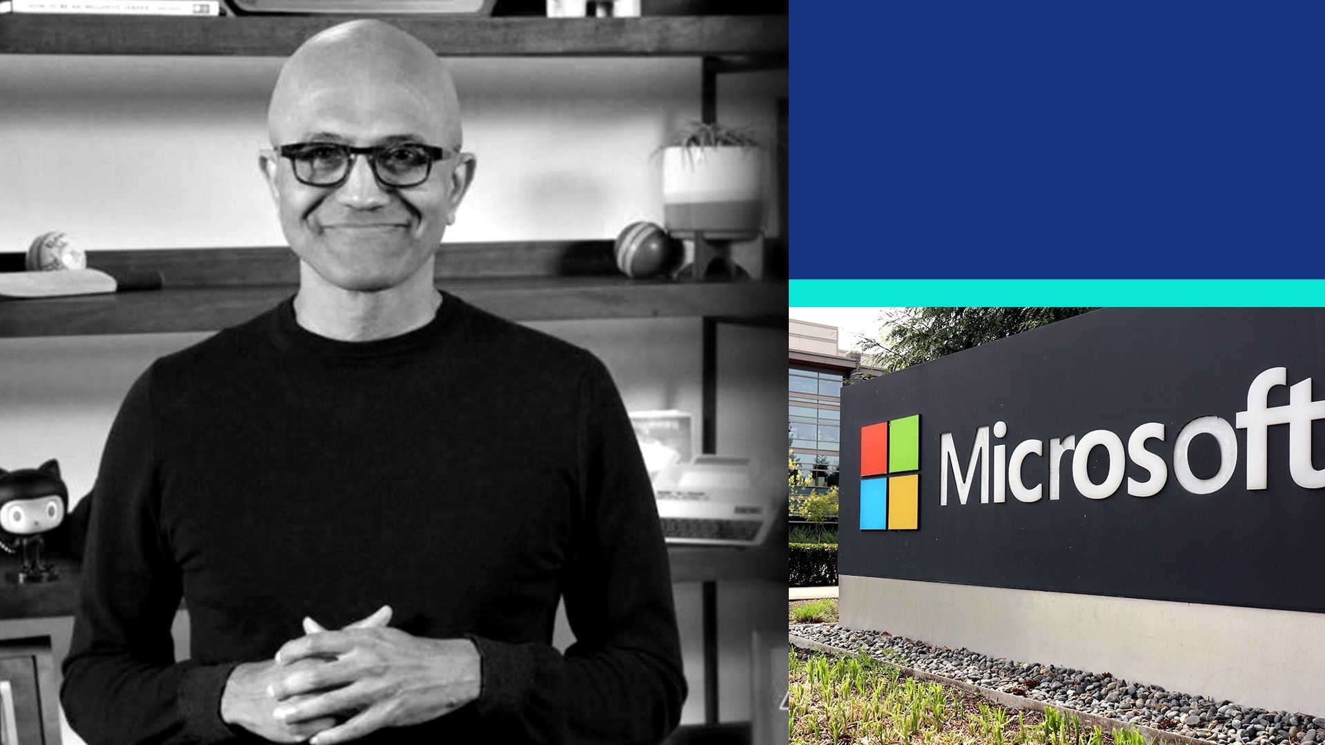 Illustration collage of Satya Nadella and the Microsoft logo on a sign