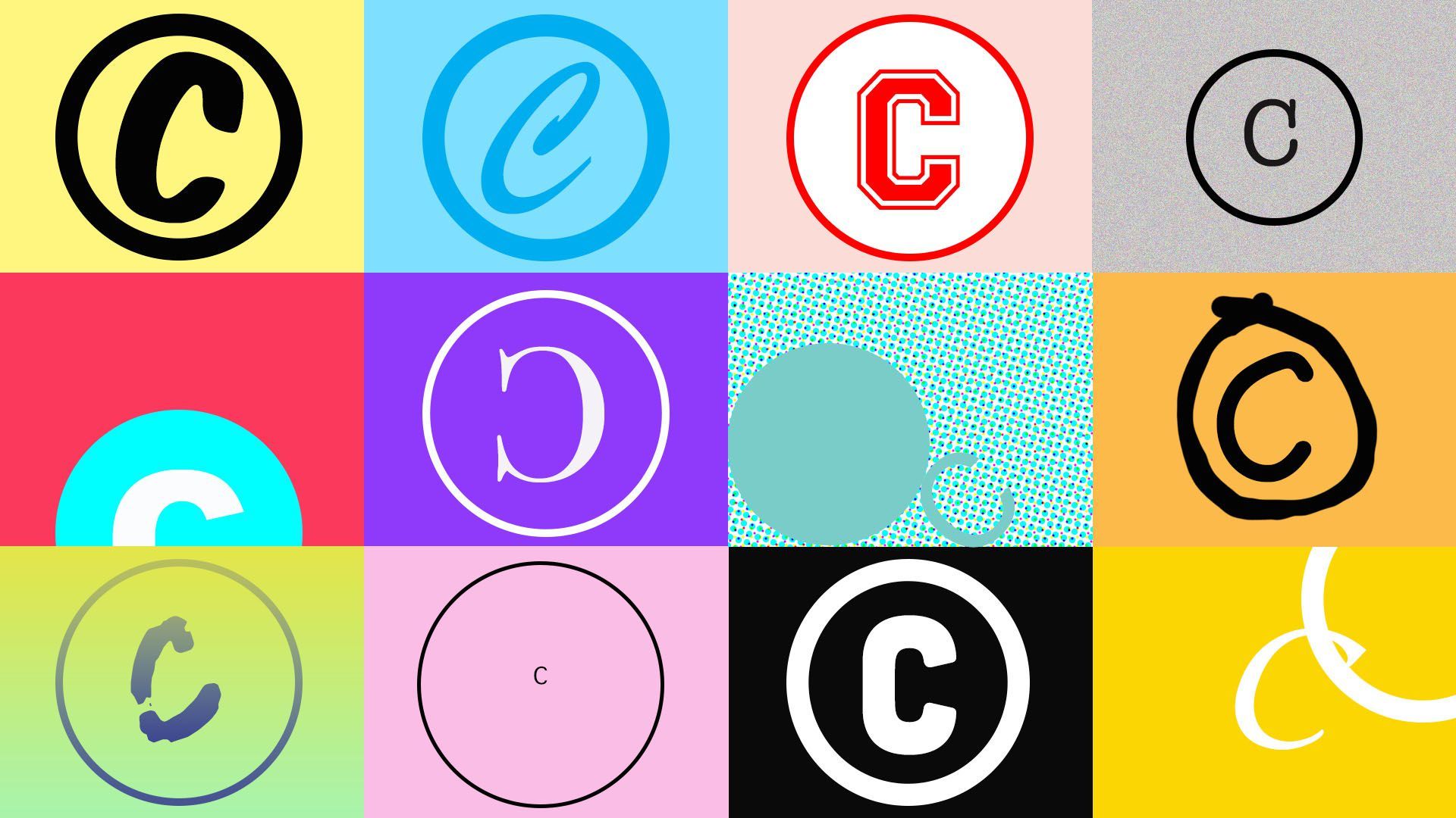 Illustration of copyright symbols in different styles and colors.