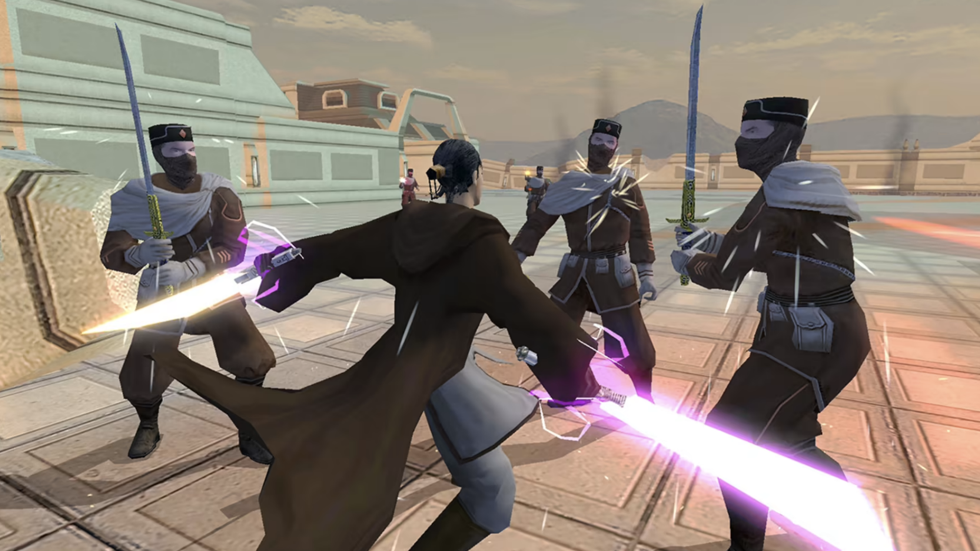 Video game screenshot of a person in robes swinging a lightsaber in each hand