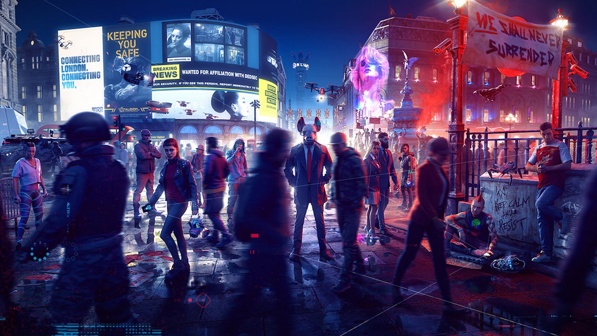 Illustration of shadowy figures standing in near-future London