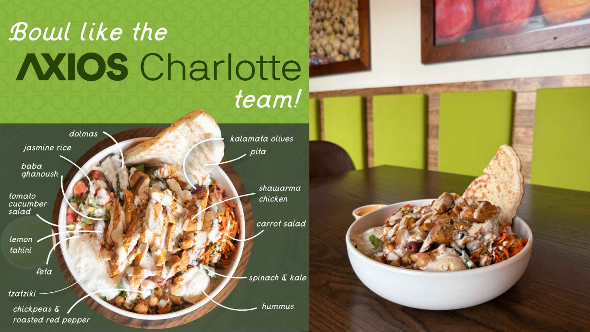 Mediterranean bowl with shawarma chicken, pita, kalamata olives, carrot salad, spinach, kale, hummus, chickpeas, tzatziki, feta, lemon tahini, tomato cucumber salad, baba ghanoush, jasmine rice, dolmas.