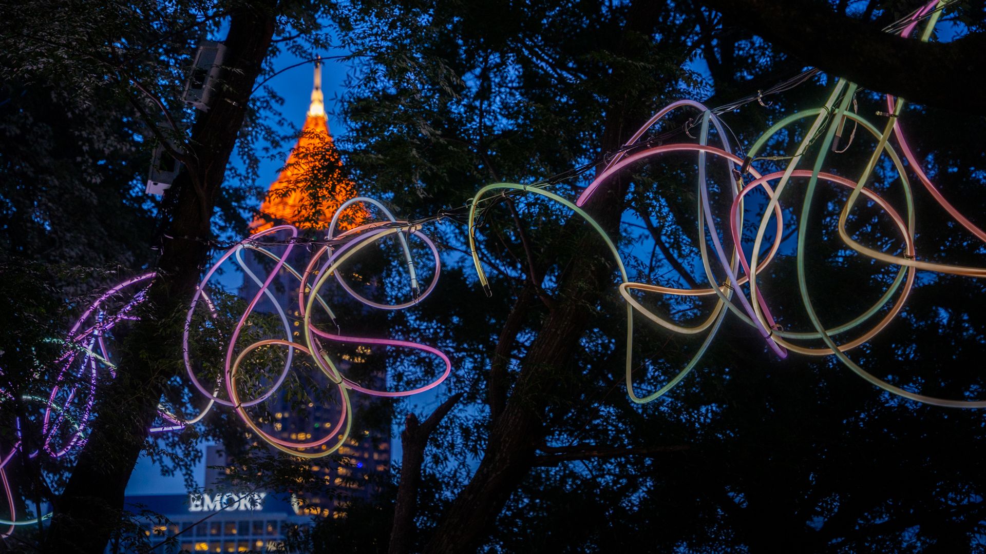 Nighttime city park scene with tangled neon light tubes in pink, purple, and green spirals weaving across the foreground; an orange-lit skyscraper tower peeks through dark trees in the background.