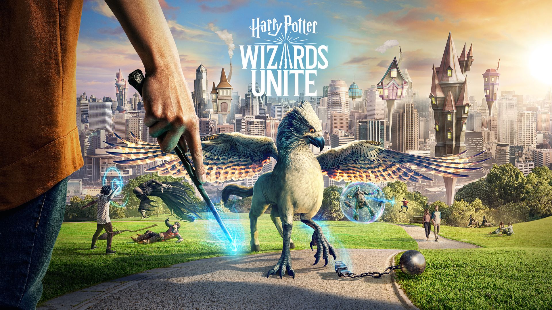 A promotional image for Harry Potter: Wizards Unite showing some characters and images from the game