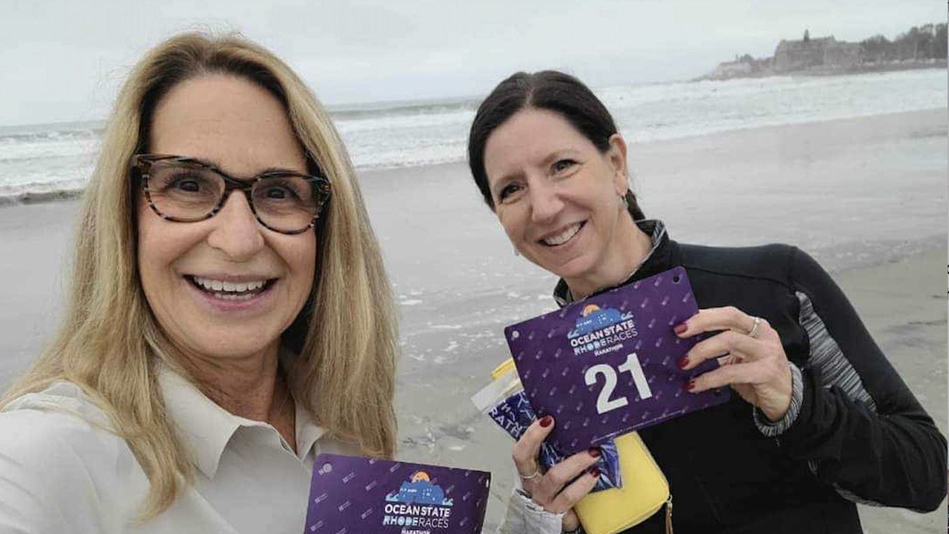 Judy Graham-Garcia, left, with her friend Jocelyn Cascio, at the Ocean State Marathon in Rhode Island in October 2020.