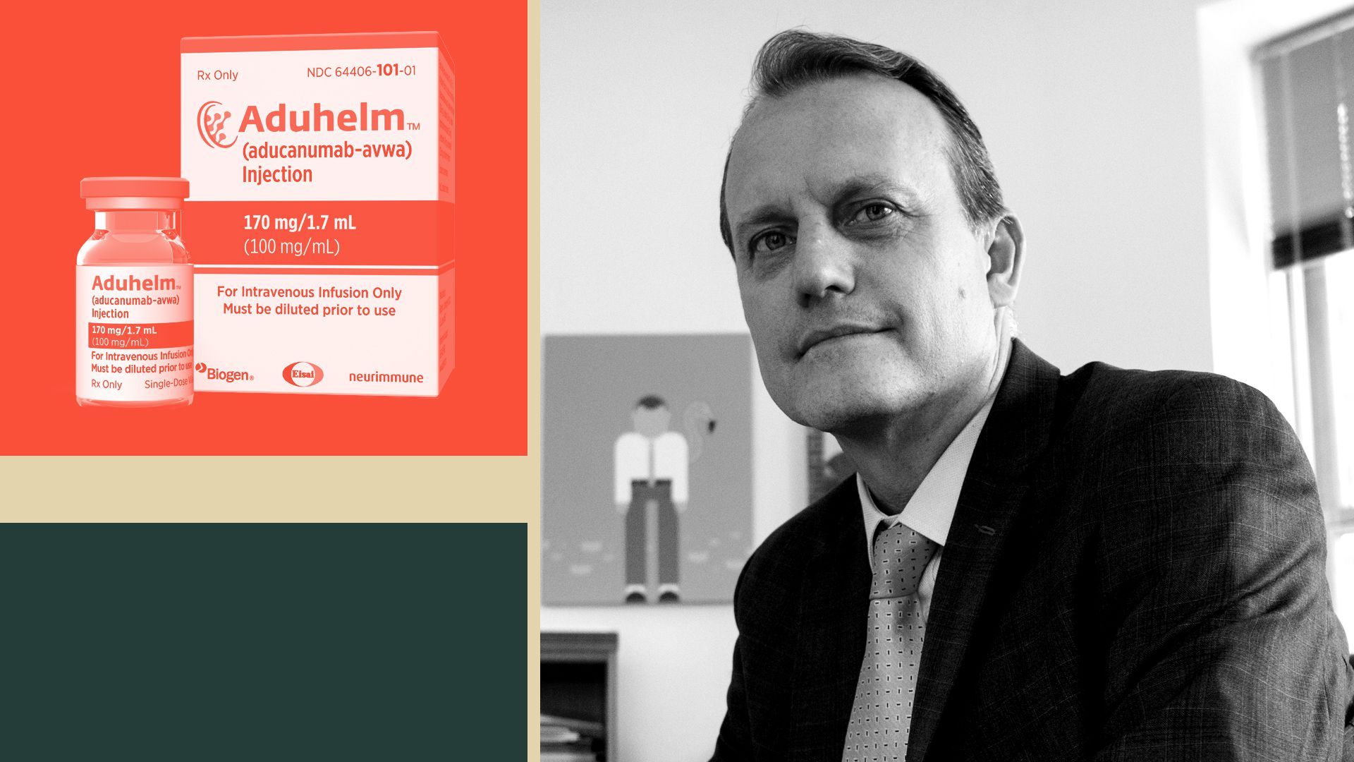 Photo illustration of CEO of America's Health Insurance Programs Matt Eyles next to a package of Aduhelm.