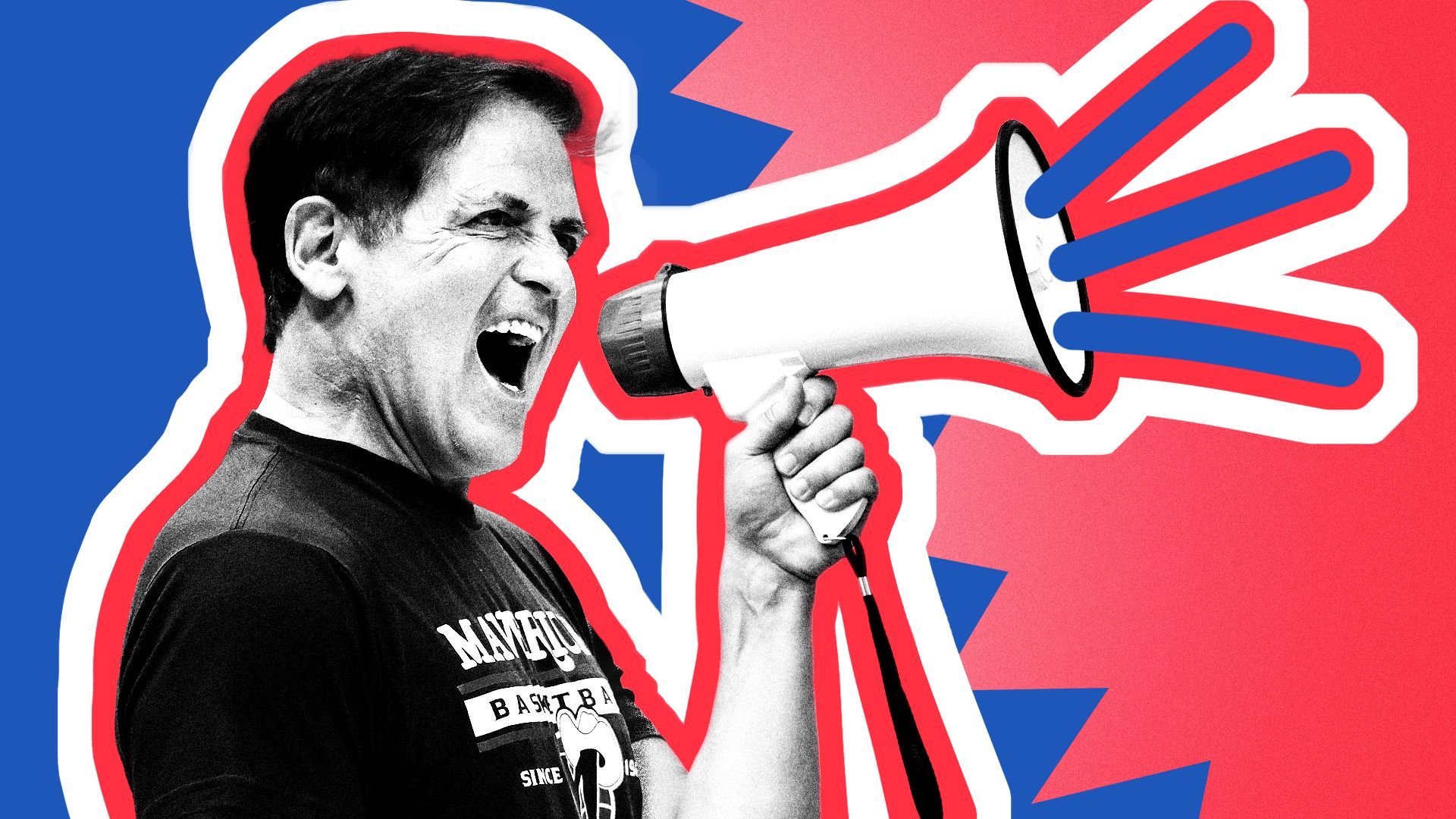 Photo illustration of Mark Cuban holding a microphone with bold, abstract shapes in the background.