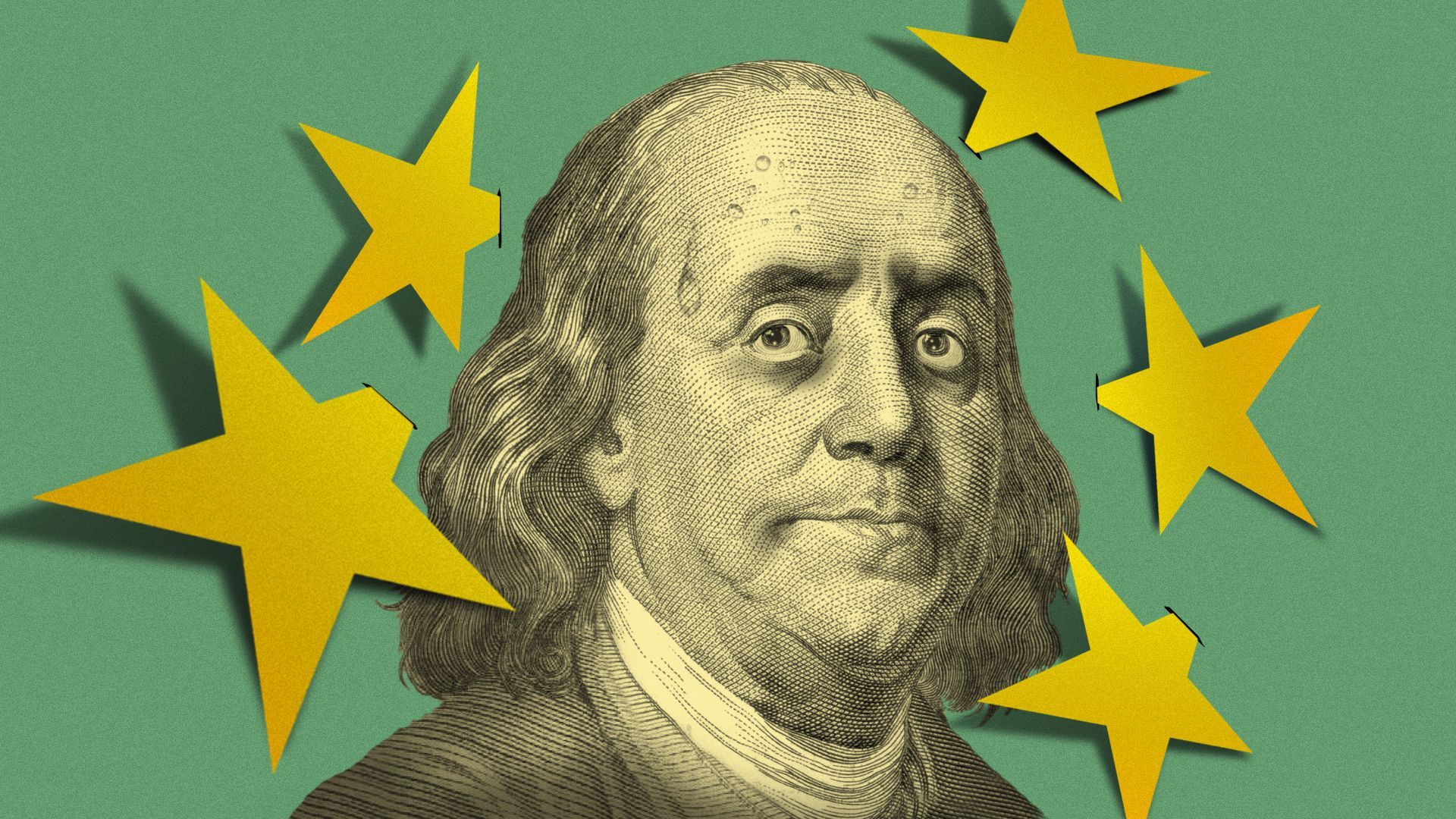 Illustration of Benjamin Franklin from a hundred dollar bill surrounded by stars from the Chinese flag