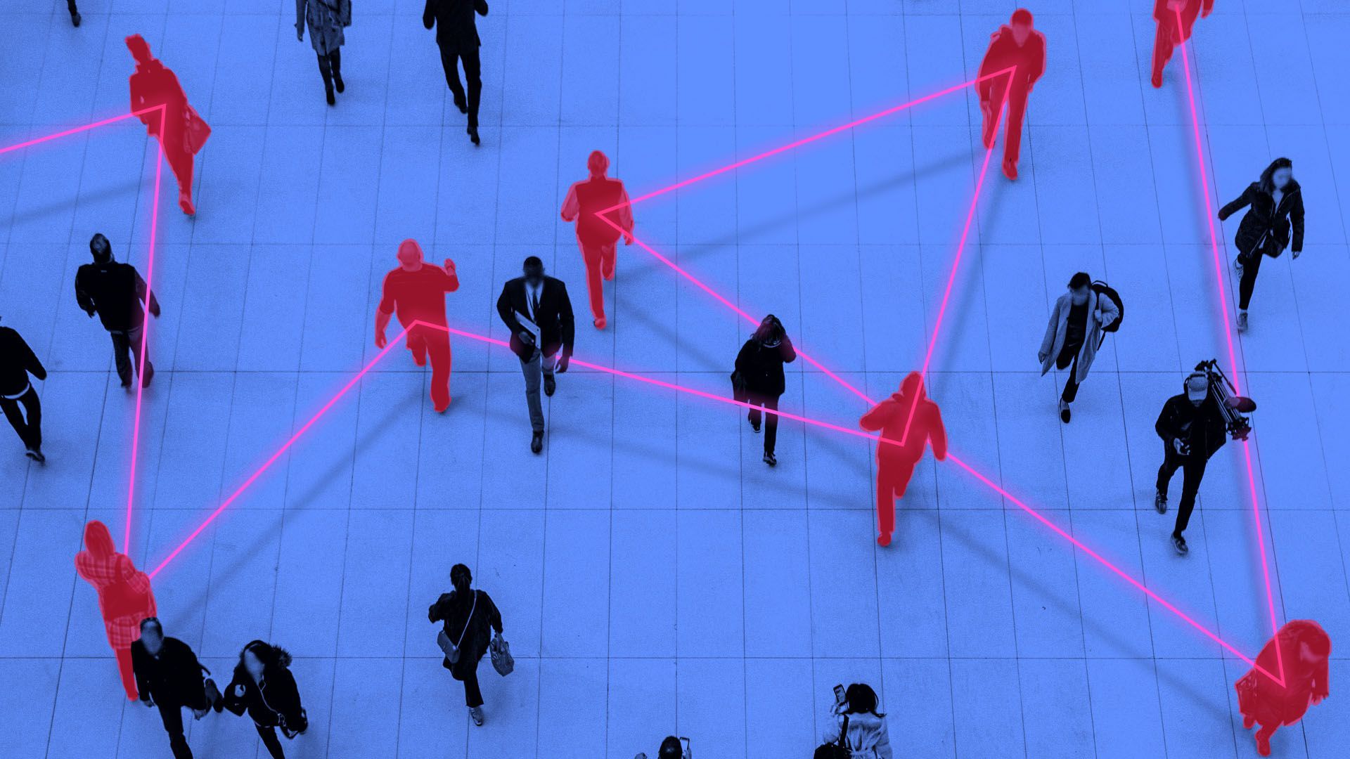 Illustration of a crowd of people with a glowing line identifying positive cases of coronavirus