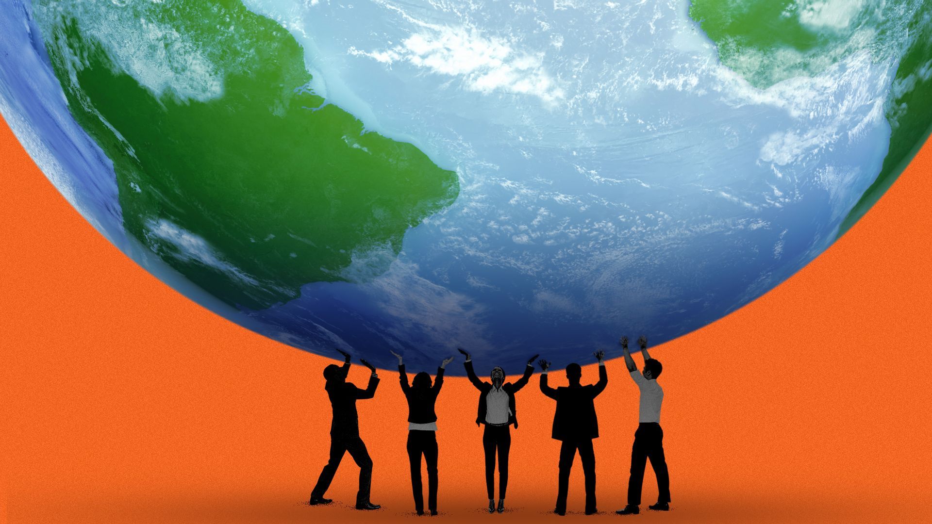 Illustration of a small group of people lifting up a giant Earth.