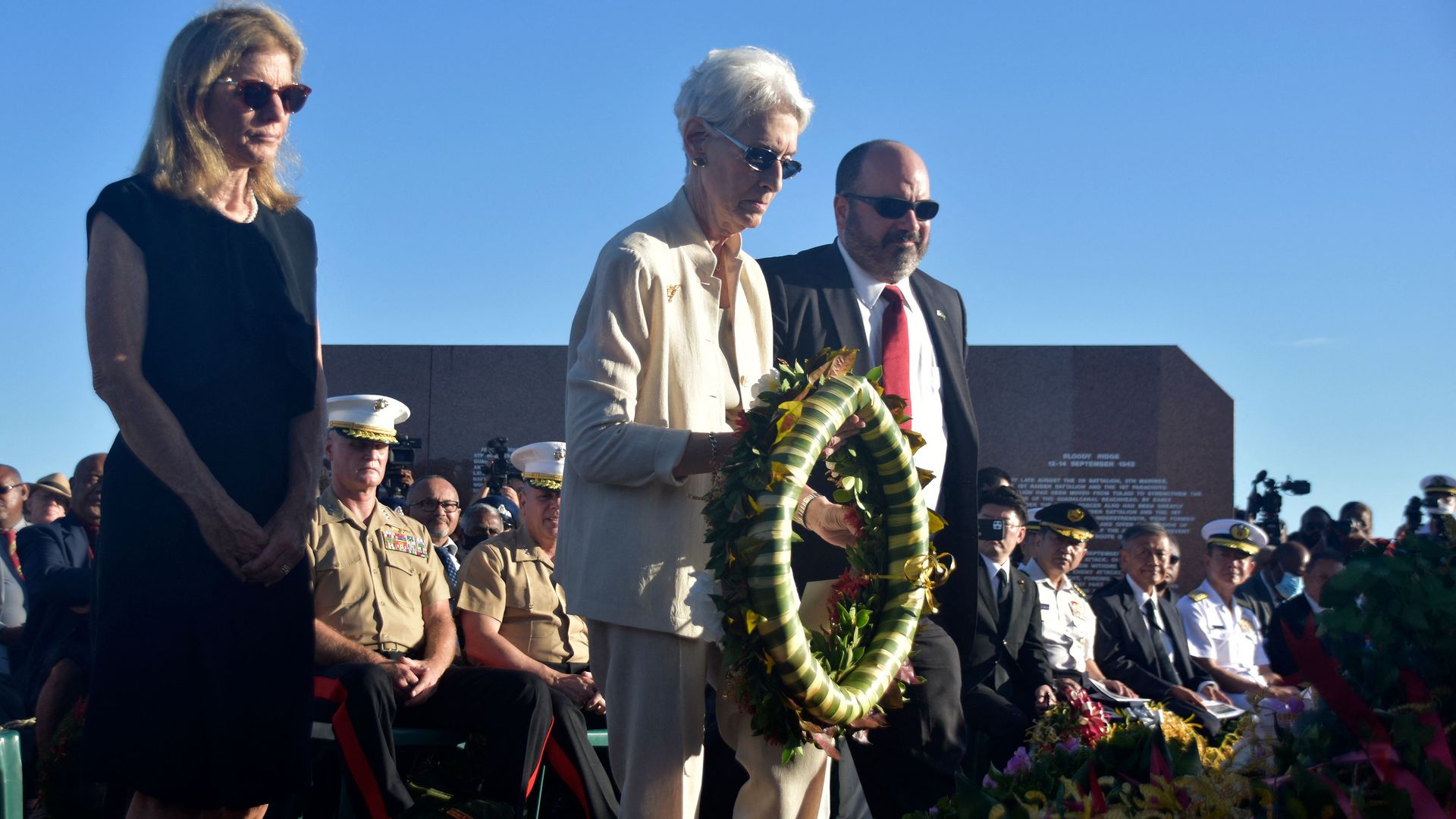  Wendy Sherman (C) lays a wreath next to Caroline Kennedy (L) during a ceremony marking the 80th anniversary of the Battle of Guadalcanal in Honiara on the Solomon Islands