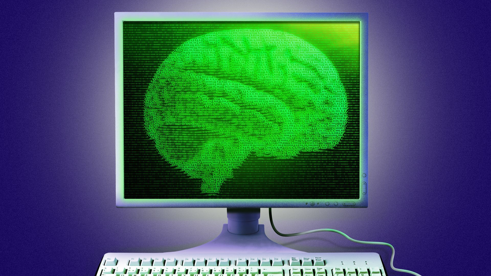 Illustration of a computer with a binary brain on the screen