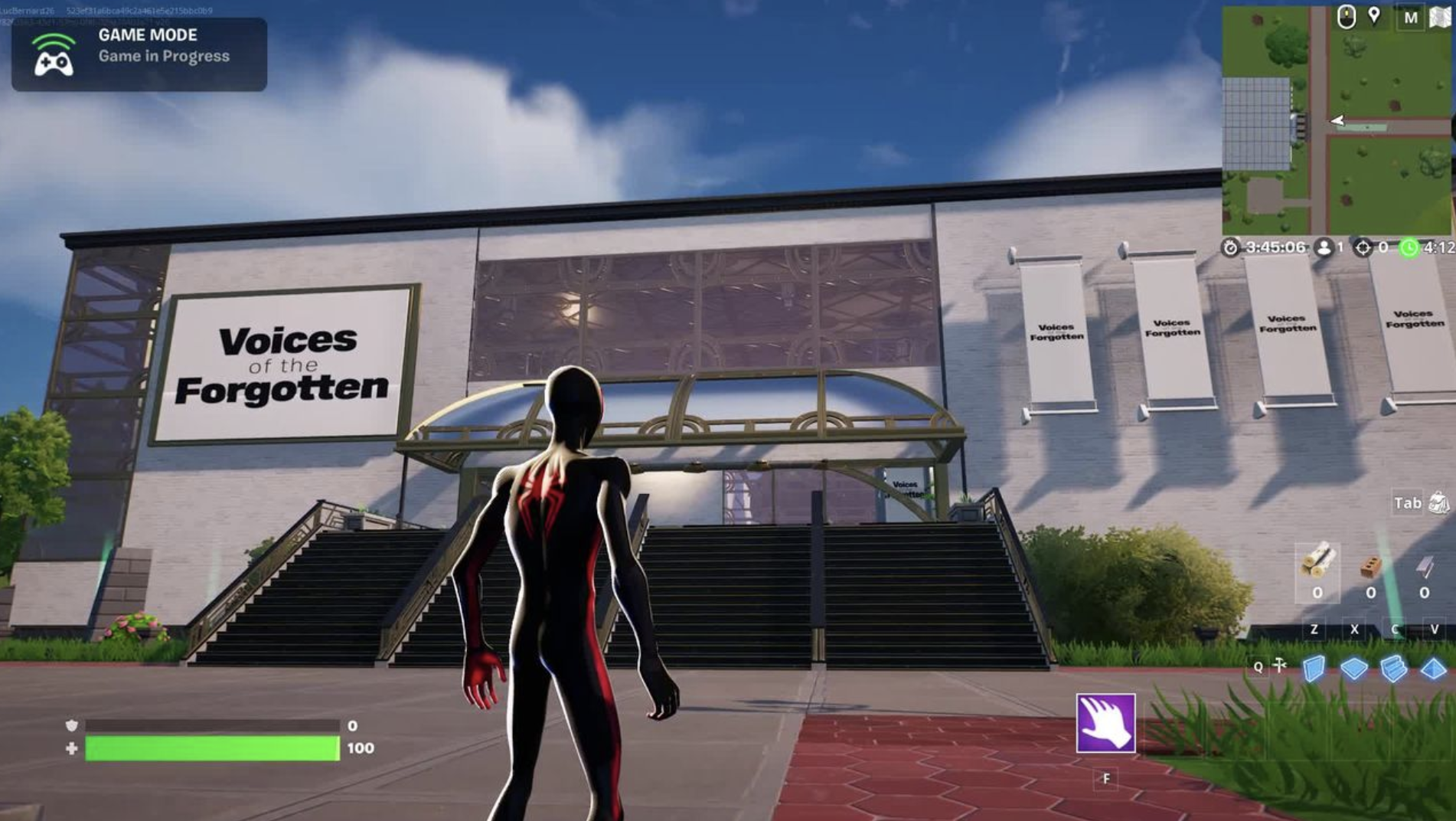Video game screenshot of a Spider-Man avatar standing outside a virtual museum