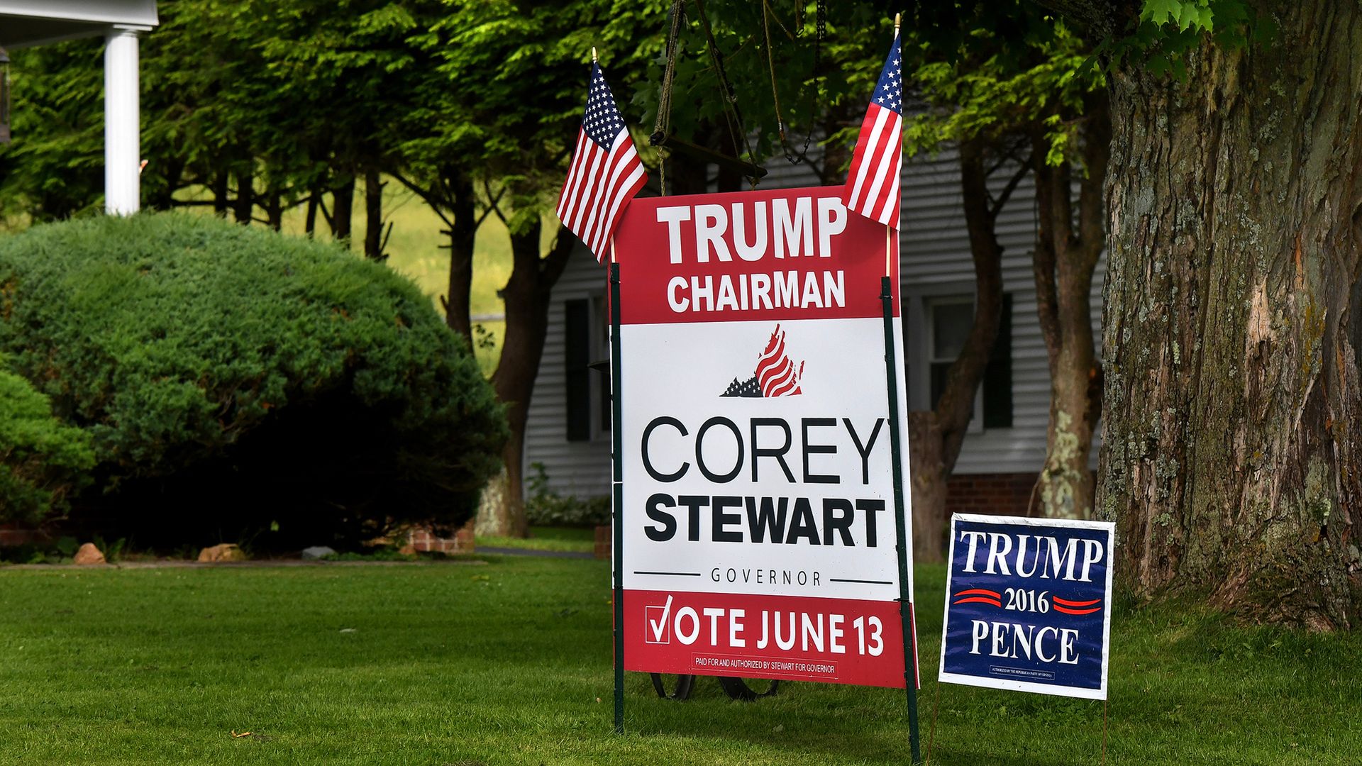 A campaign yard sign for Corey Stewart, calling him "Trump chairman." 