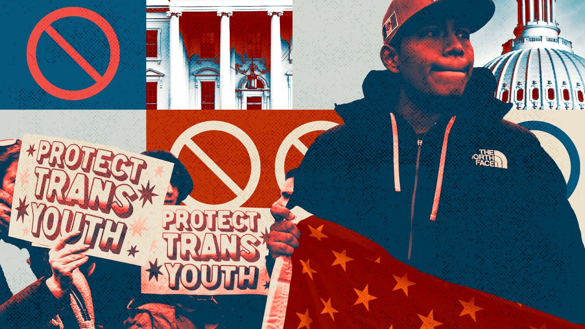 Photo illustration of protestors holding up "protect trans youth" signs and an American flag, with "no" symbols and the white hour and capitol dome in the background