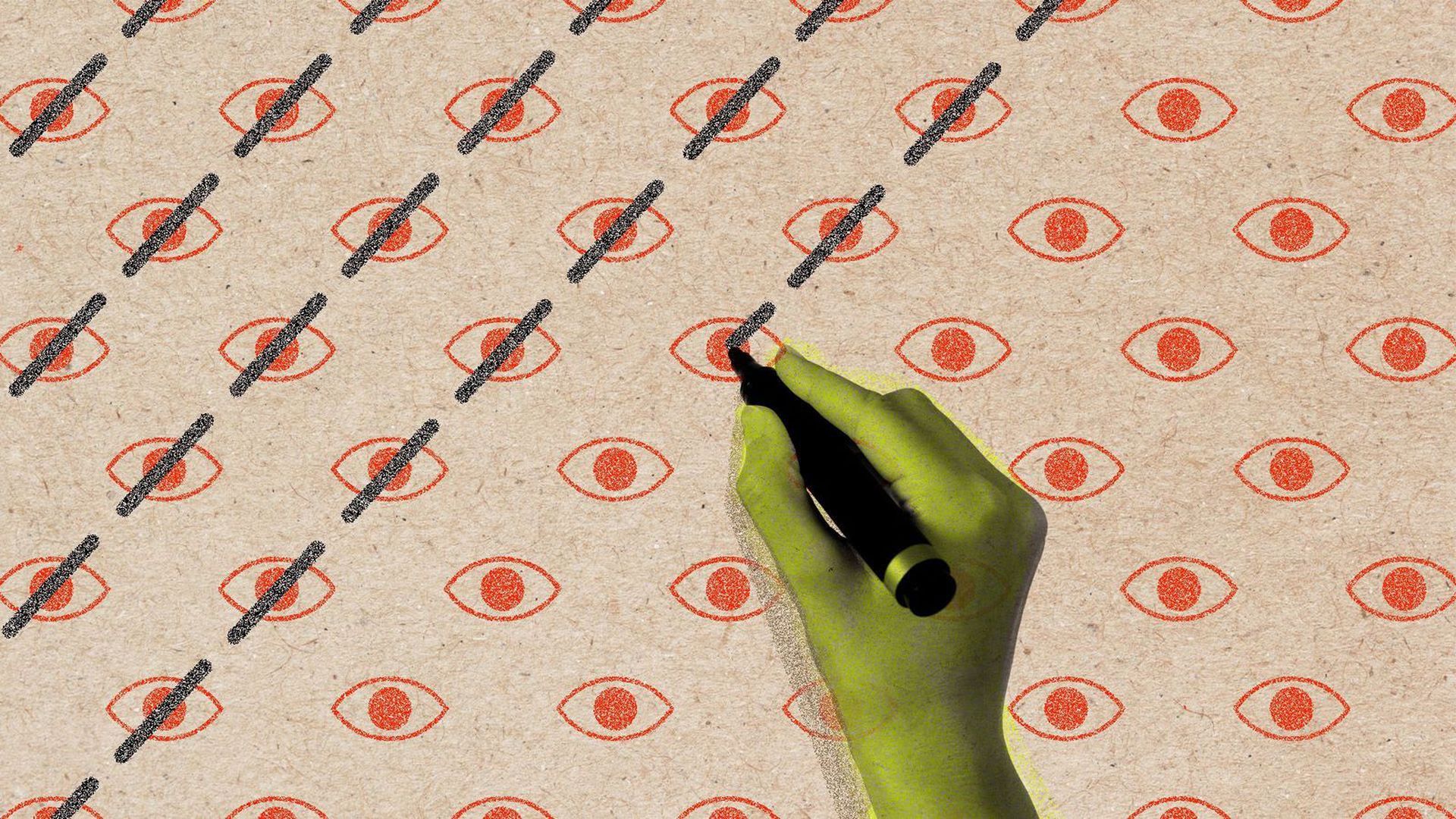 Illustration of a hand with pen crossing out eyes in a pattern