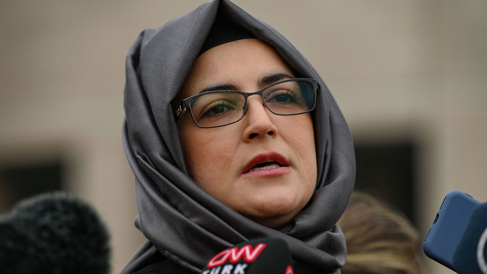 Hatice Cengiz, the fiancee of murdered Saudi critic Jamal Khashoggi, answers journalists' questions outside the courthouse.