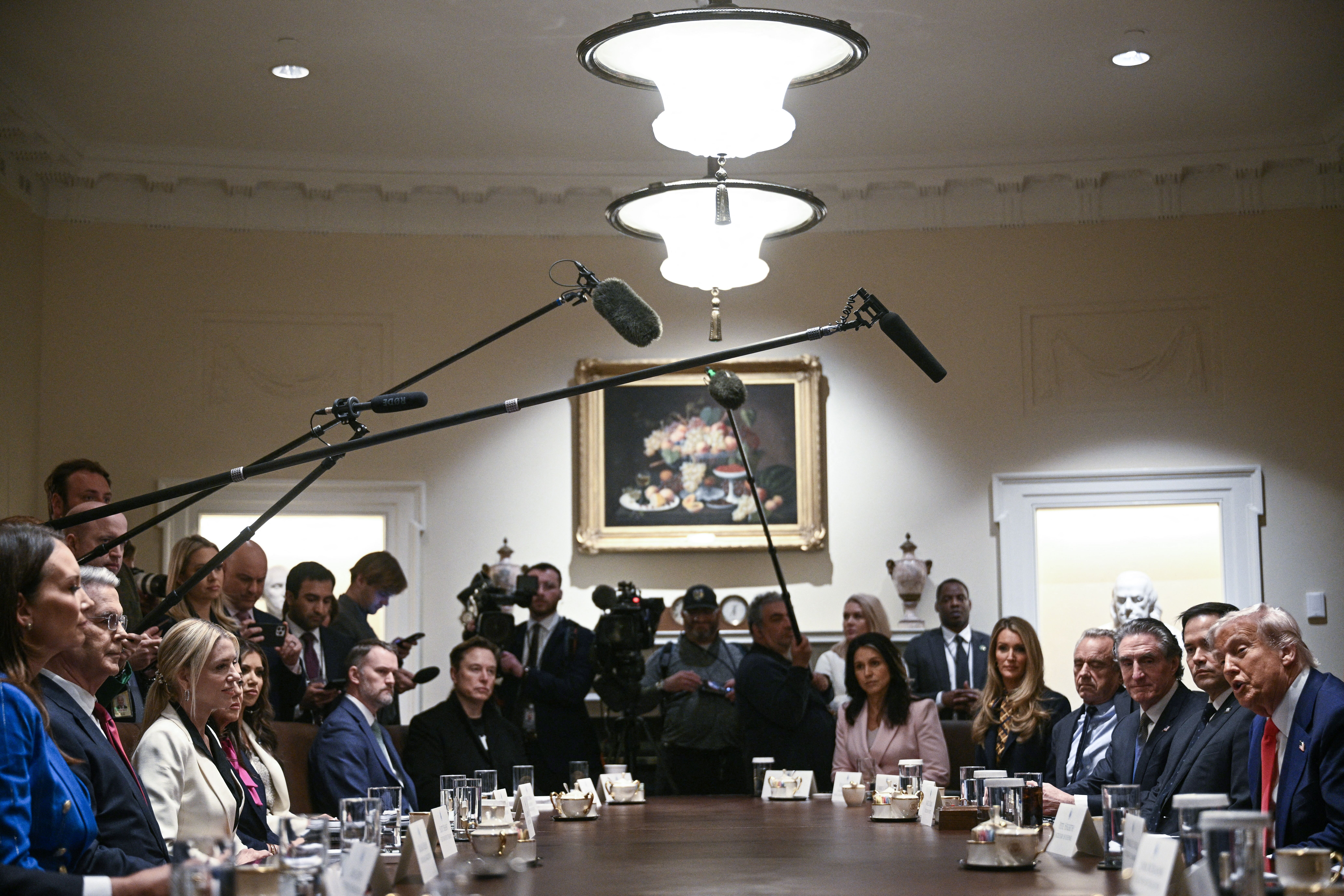 US President Donald Trump speaks during a cabinet meeting in the Cabinet Room of the White House on April 10, 2025, in Washington, DC. Trump on Thursday warned of the "transition cost" from his tariff policies, as Wall Street stocks fell again over the worsening trade war with China. (Photo by Brend