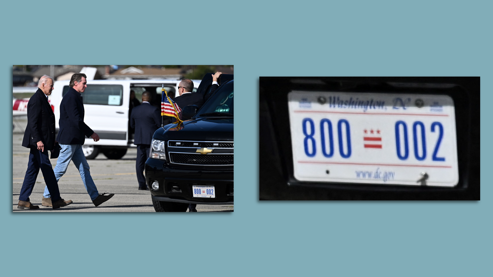 Zoomed in photo of Biden's SUV license plate without "End Taxation Without Representation" 