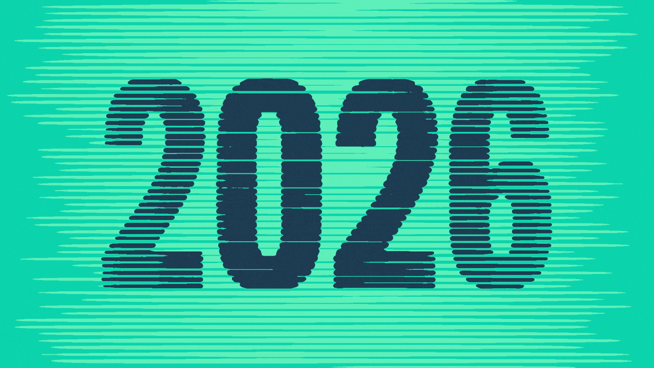 Animated illustration of a pattern of noisy, horizontal lines moving from left to right, with a stock chart and the year 2026 trading places in the center of the frame.