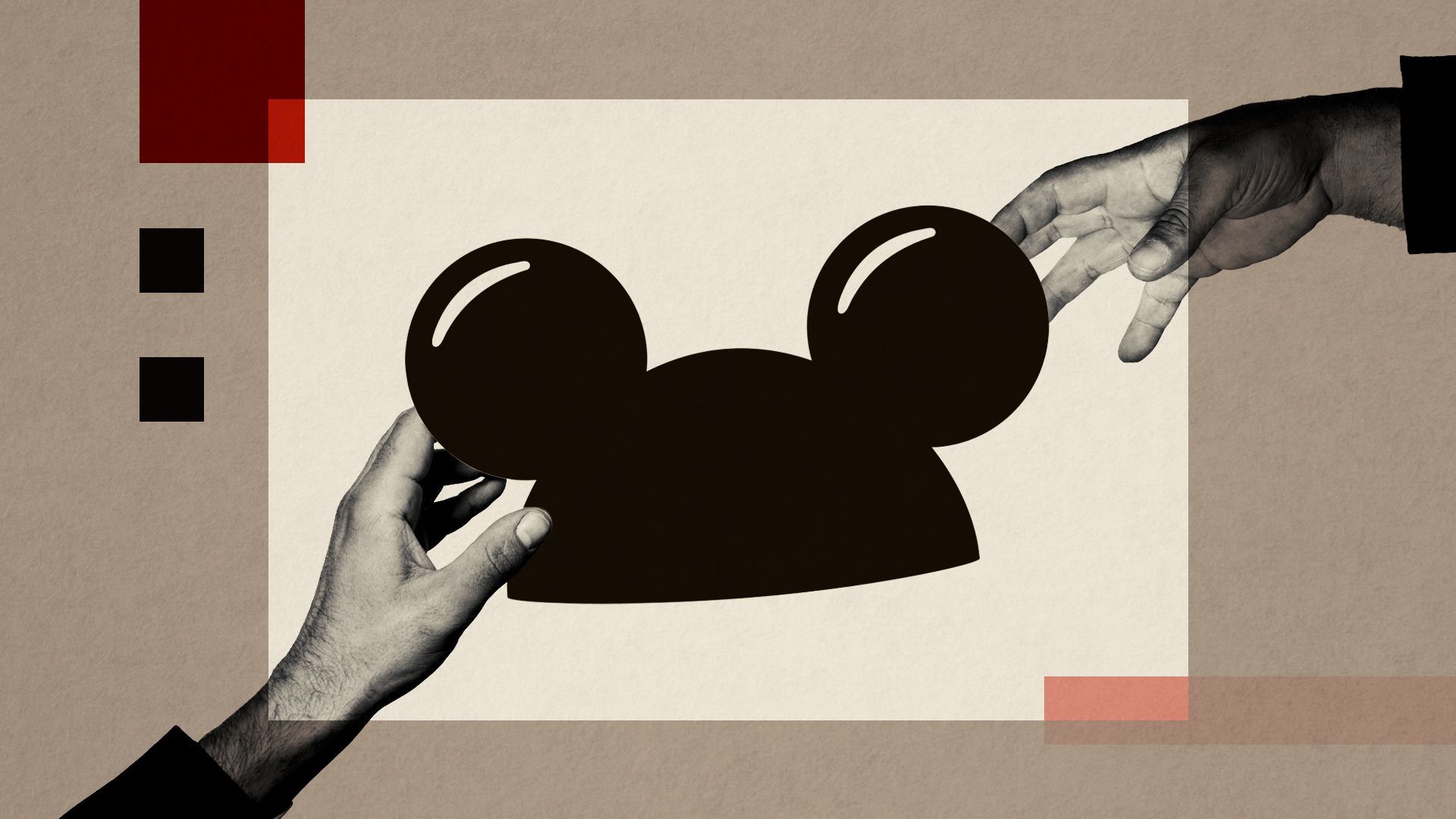 Illustration of two hands grabbing for a Mickey Mouse ears hat surrounded by abstract shapes.