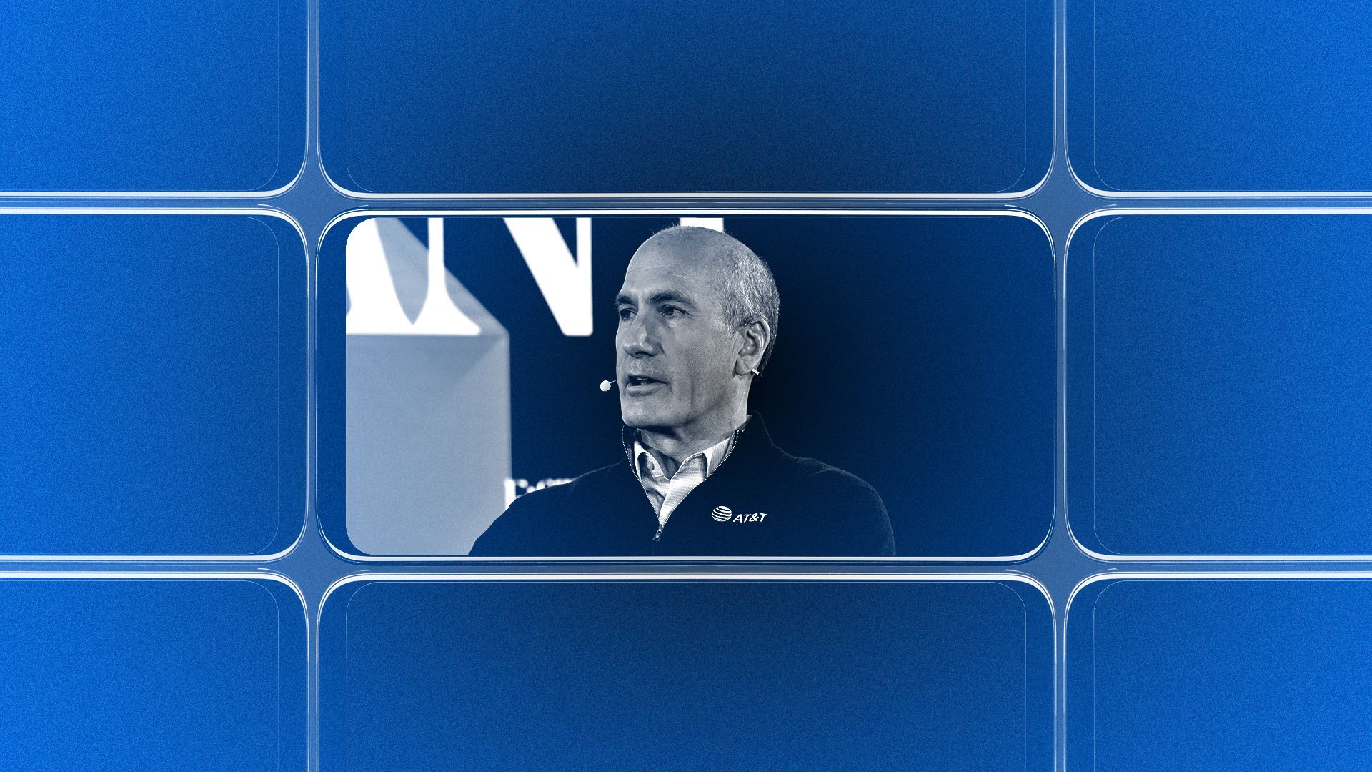 Photo illustration of a grid of smartphone screens, the center one showing an image of John T. Stankey.