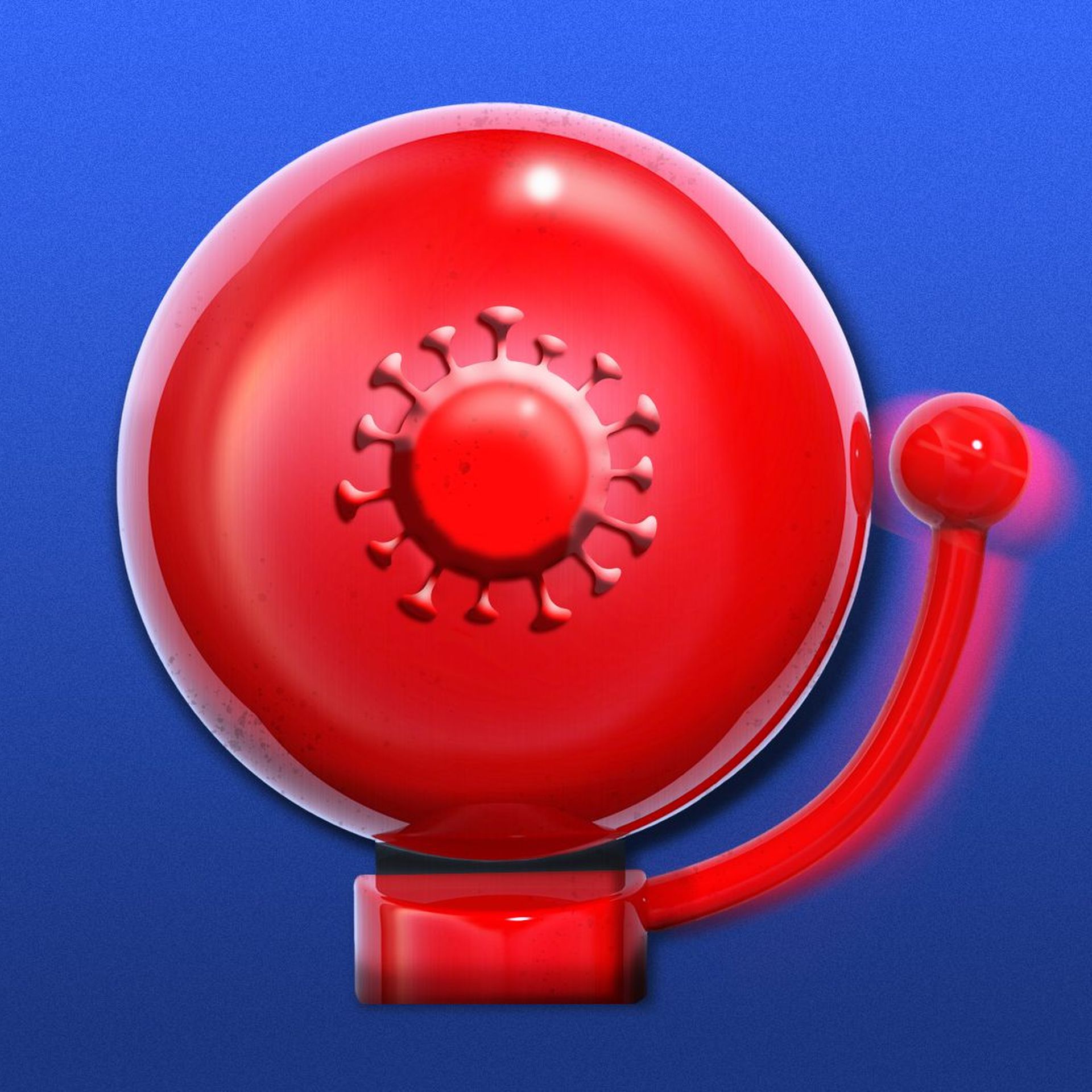 Illustration of a red alarm bell with a covid virus cell in the center