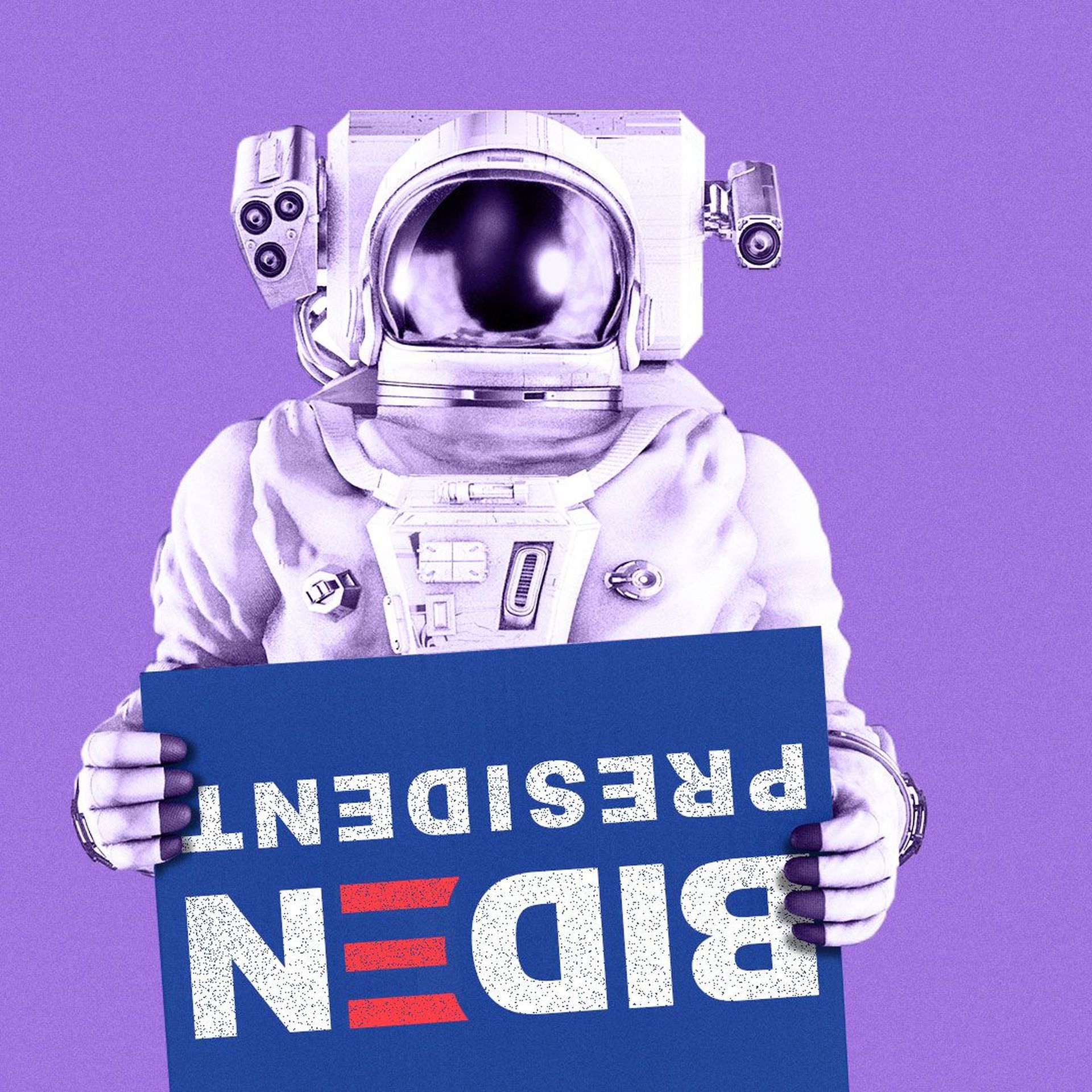 Illustration of astronaut holding an upside down Biden sign