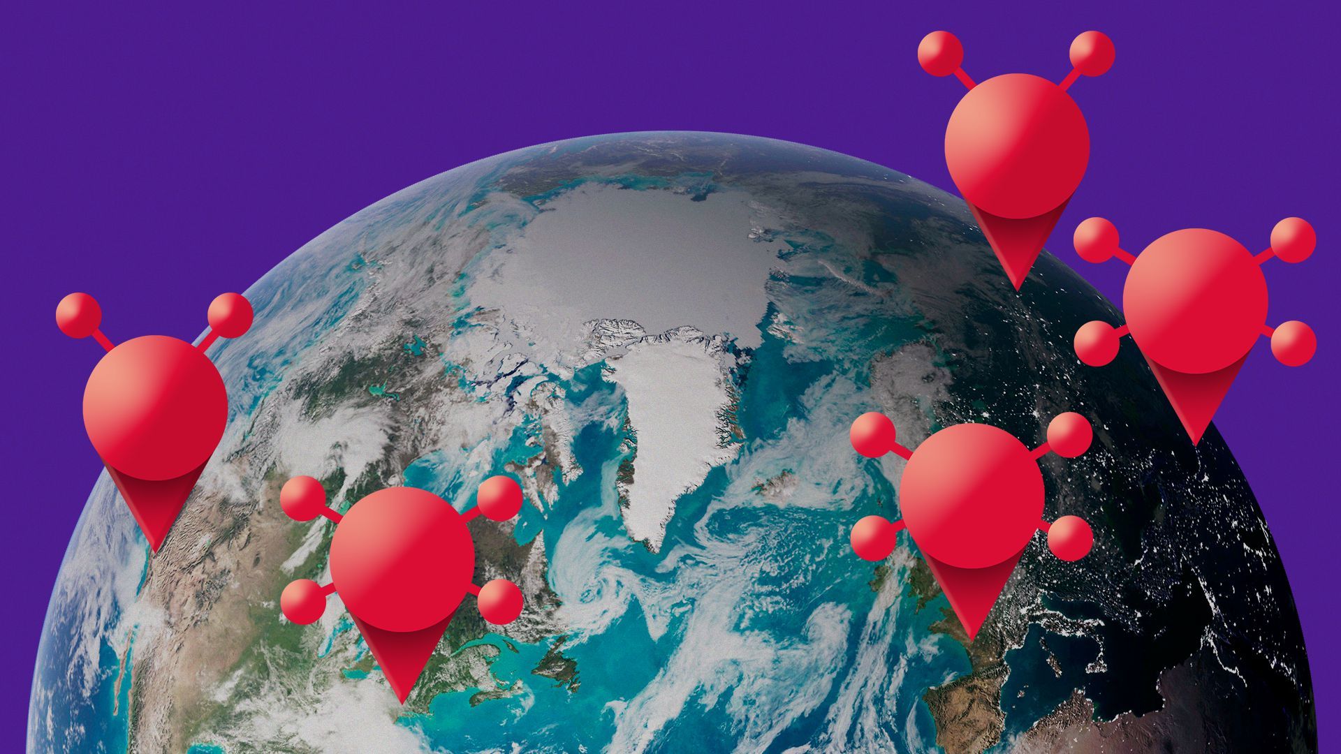 Illustration of Earth with map pins with CO2 and Methane molecules as tops pointing at polluted areas