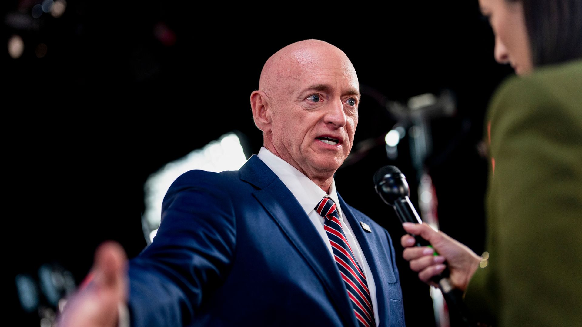 Senator Mark Kelly, a Democrat from Arizona, in the spin room ahead of the first vice presidential debate at the CBS Broadcast Center in New York, US, on Tuesday, Oct. 1, 2024.