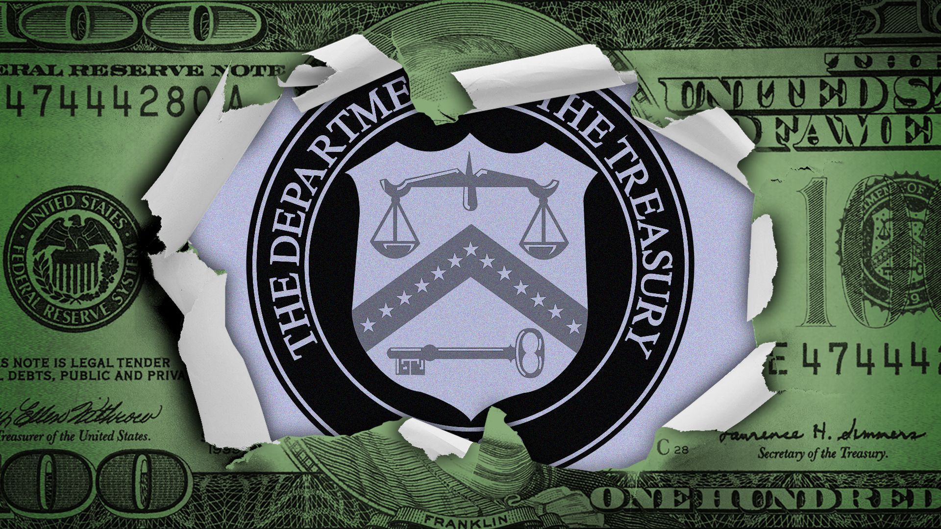 Illustration of a one hundred dollar bill torn at its center revealing the U.S. Treasury seal
