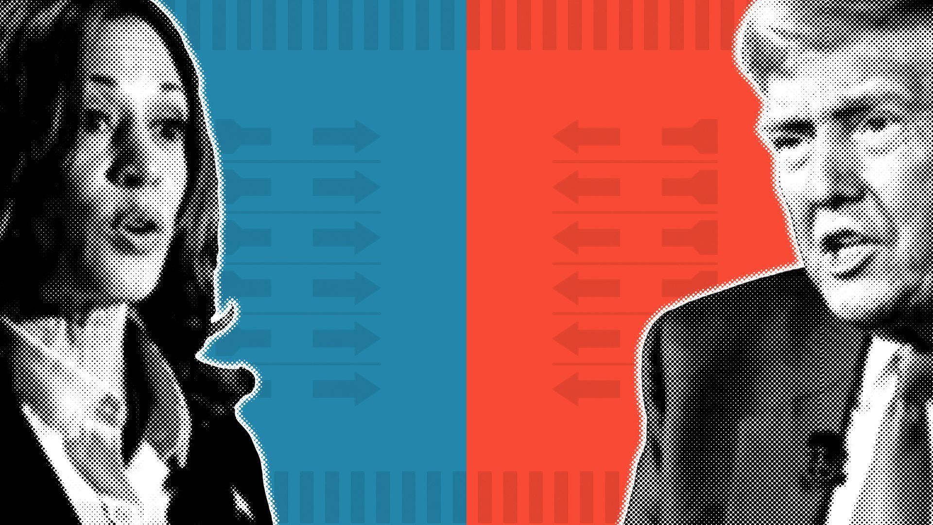 Photo illustration of Kamala Harris and Donald Trump, talking, over a divided blue and red background with elements of ballots.