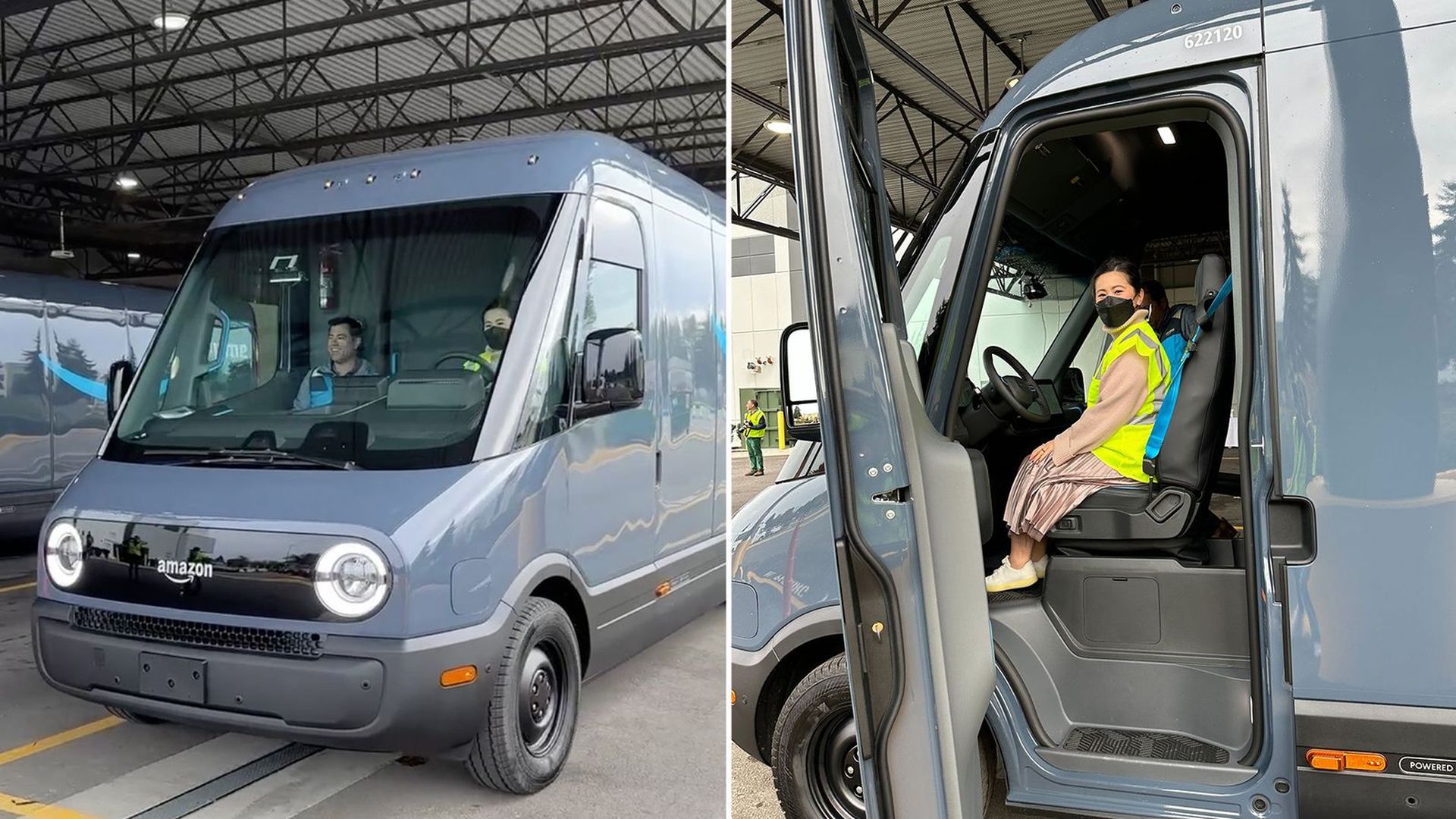 A blue van is shown in a split screen photo — on the left, it is shown from the front, on the right from the side, with the door open and a woman seated in the driver's seat.