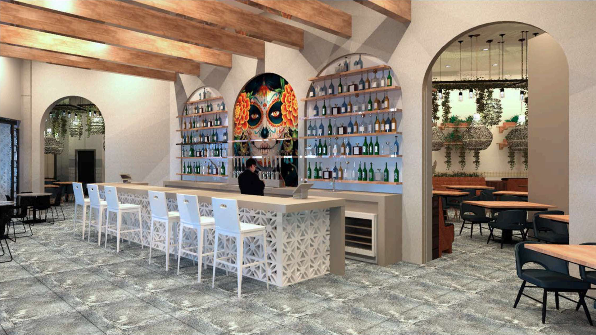 A rendering of a bar with a Dia de Los Muertos-themed backsplash and natural elements.