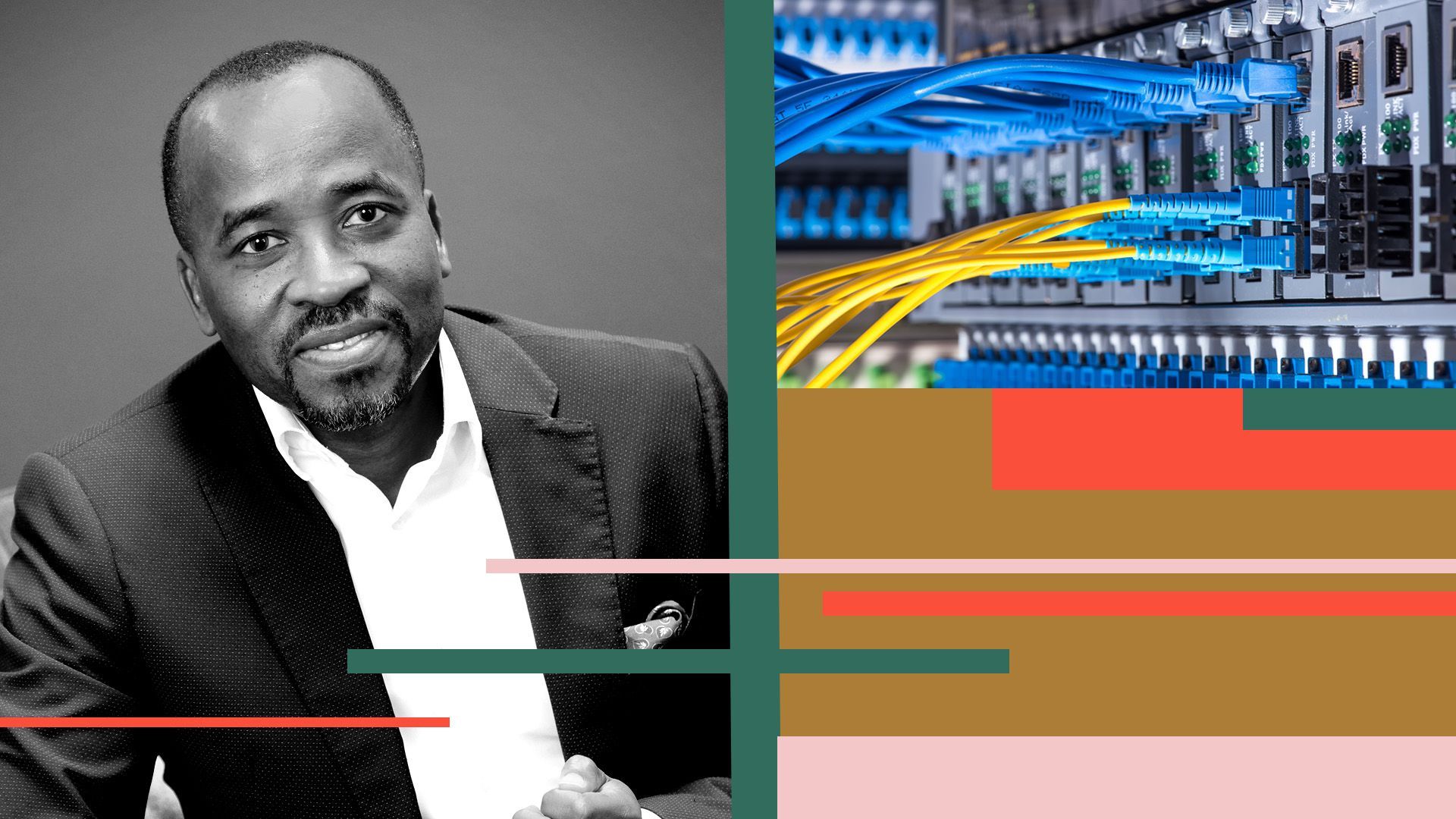 Collage of Cassava Technologies CEO Hardy Pemhiwa next to some ethernet cables