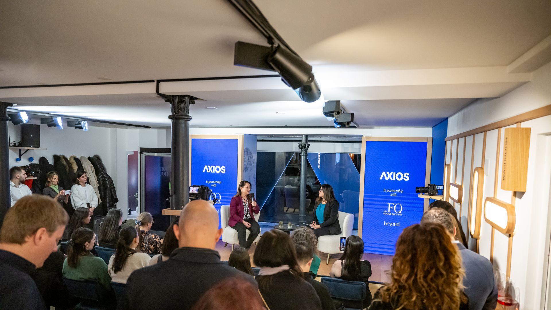 World Economic Forum Indigenous co-chair Fawn Sharp talking to Axios editor in chief Sara Kehaulani Goo at Axios House Davos. 