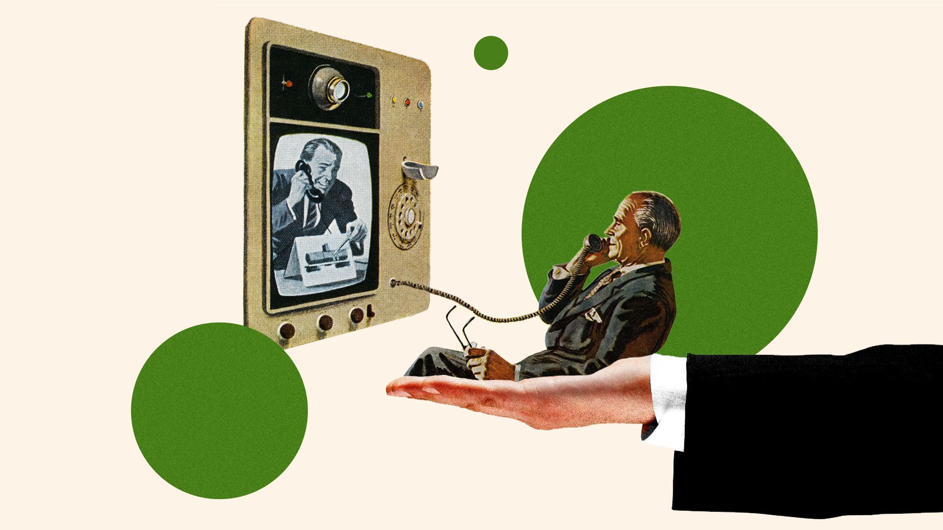 Photo collage of an archival photo of a man on a video phone being held by an outstretched arm