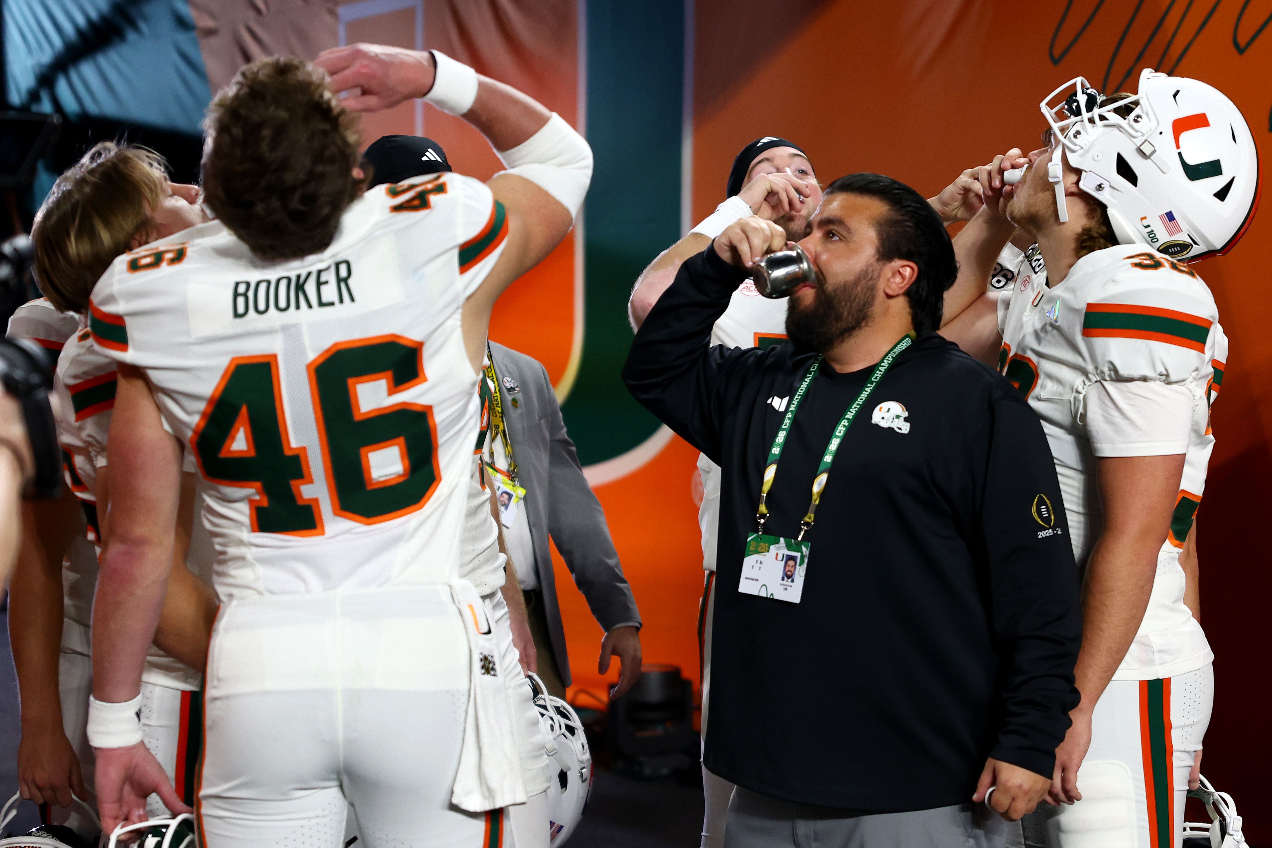 MIAMI GARDENS, FLORIDA - JANUARY 19: The Miami Hurricanes special teams unit drinks a cuban espresso prior to a game against the Indiana Hoosiers in the 2026 College Football Playoff National Championship at Hard Rock Stadium on January 19, 2026 in Miami Gardens, Florida. (Photo by Megan Briggs/Gett