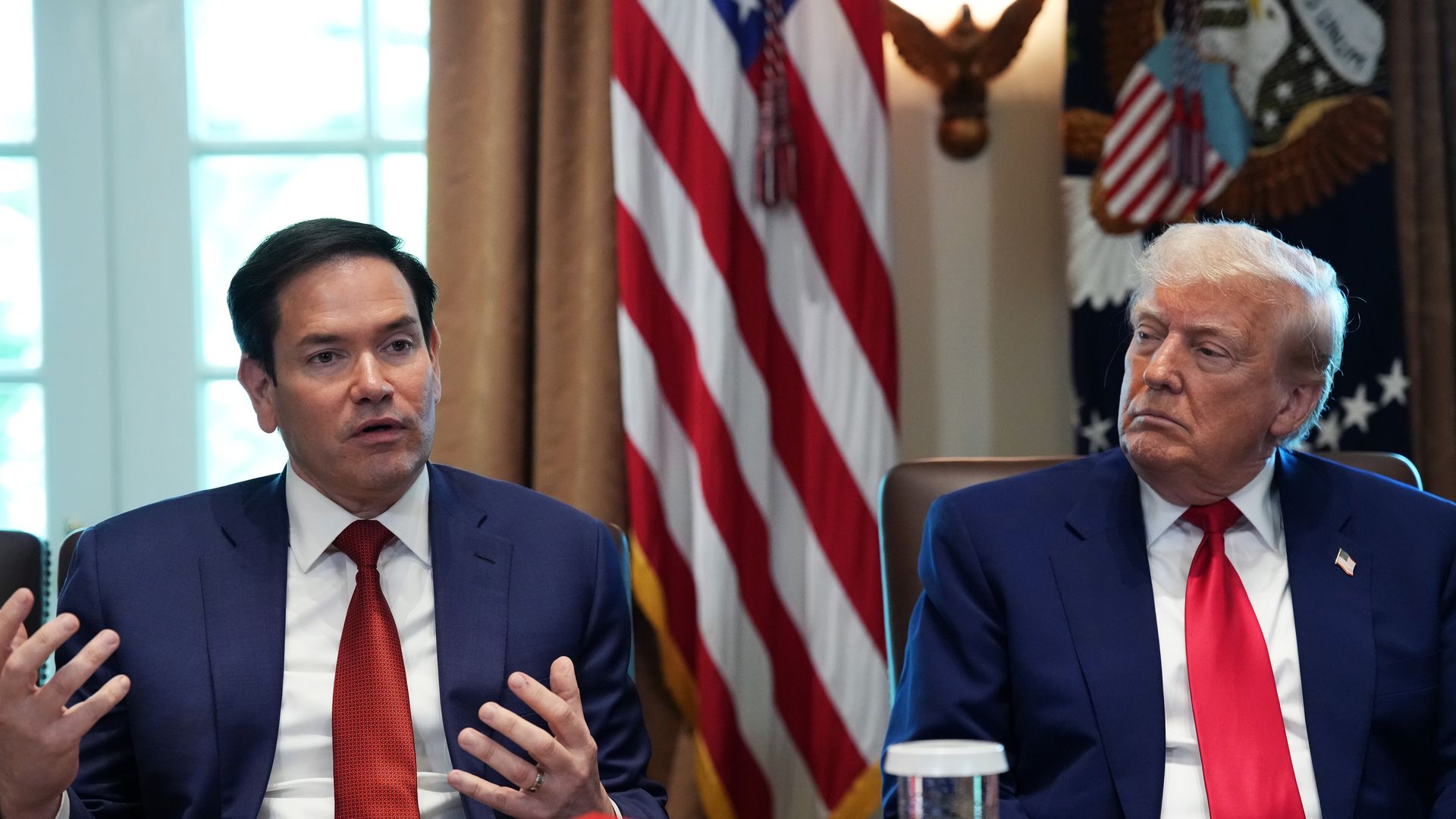 President Donald Trump listens as U.S. Secretary of State Marco Rubio speaks during a Cabinet meeting at the White House on April 30, 2025 in Washington, DC.