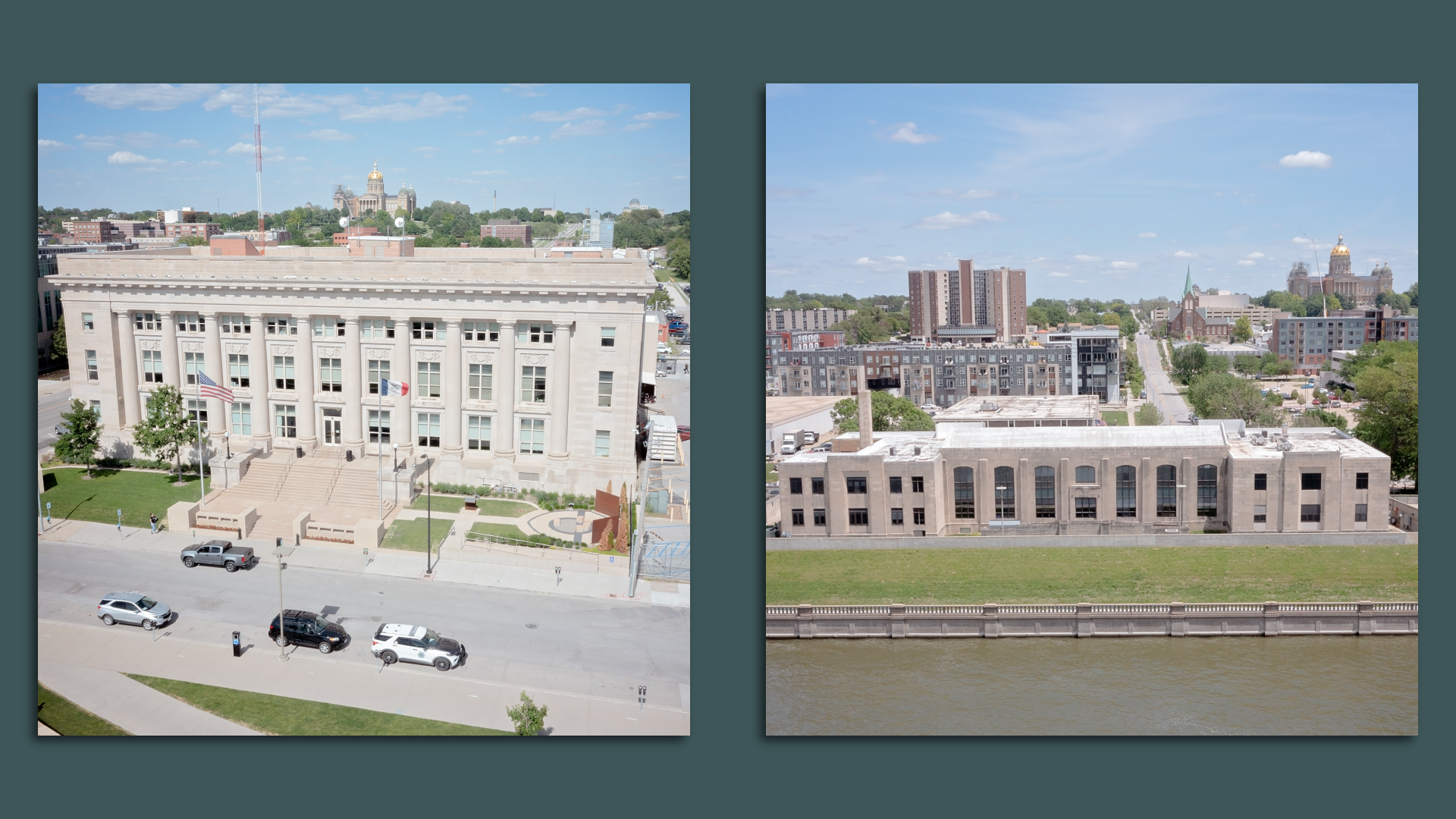 Photos of Des Moines city buildings.