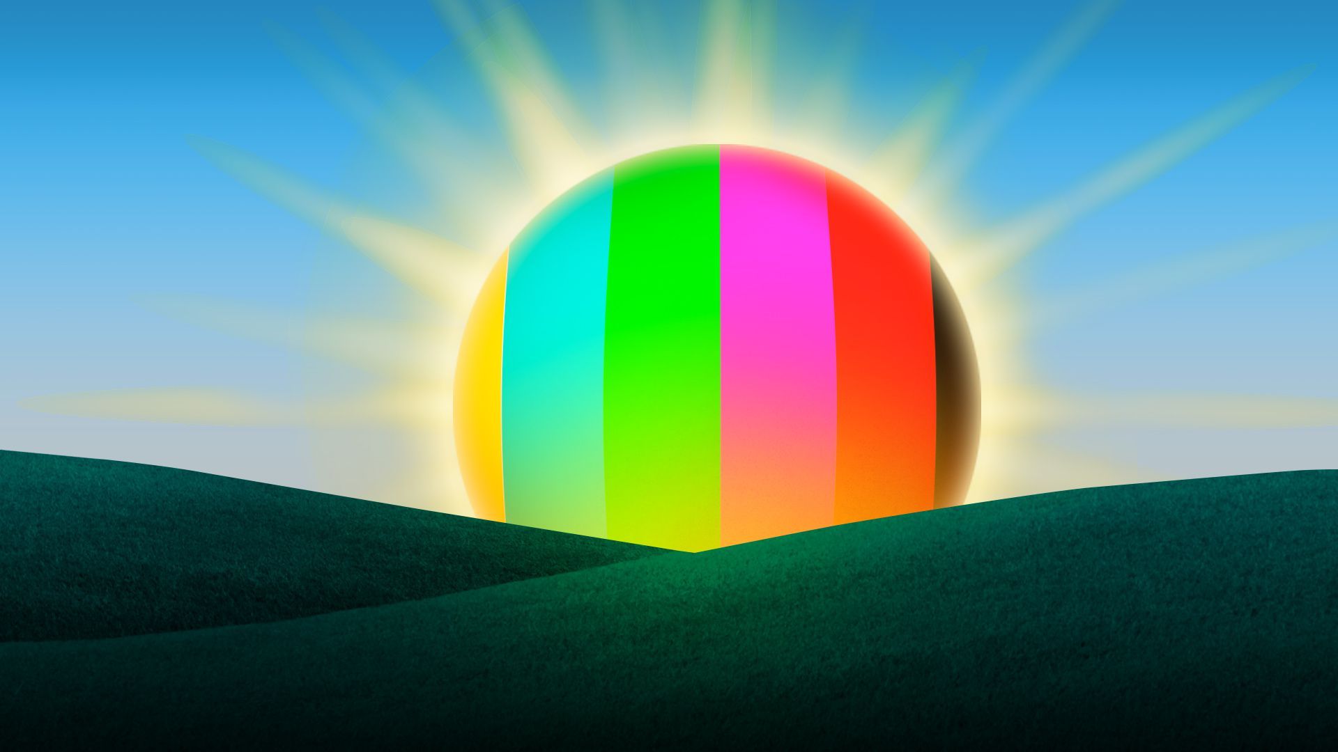 Illustration of a sunrise with SMPTE color bars over the sun. 