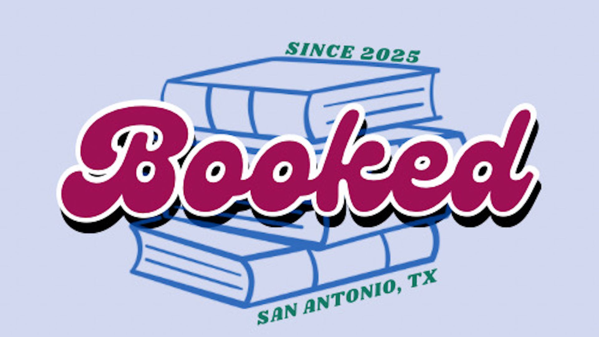 Image of a stack of books with the words Booked in cursive font across it.