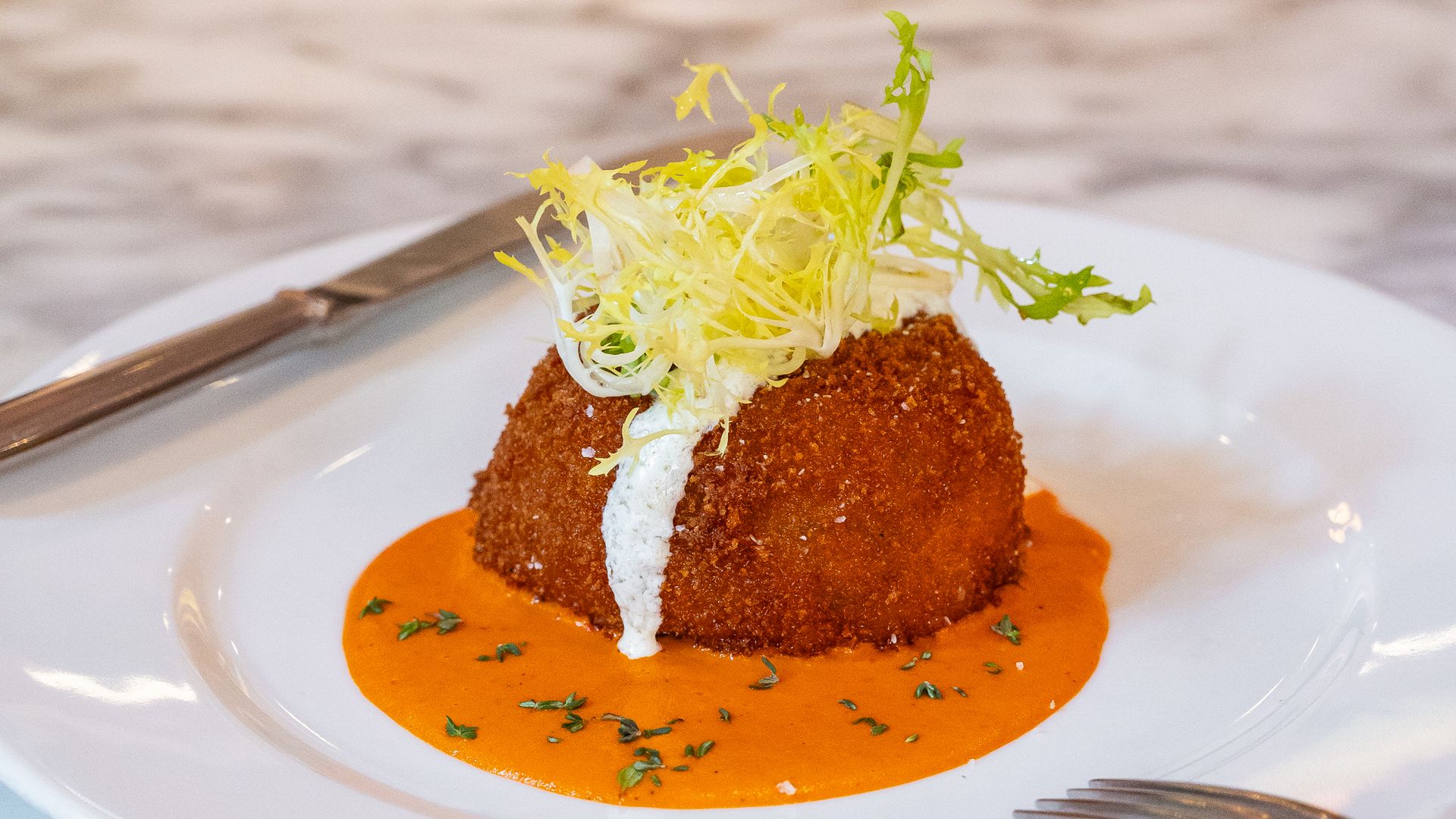 A fried eggplant sits atop a red sauce on a white plate, and is topped with green lettuce.