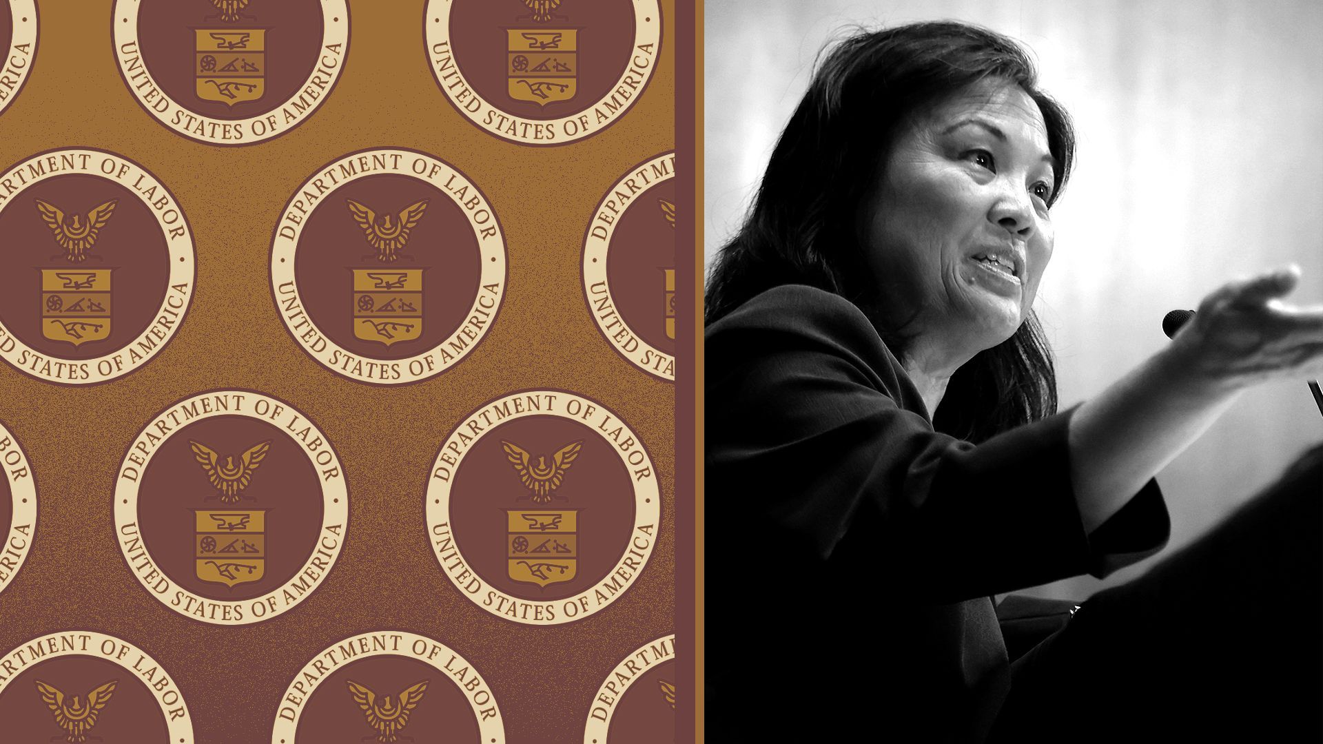 Photo illustration of Julie Su next to a pattern of U.S. Department of Labor seals.